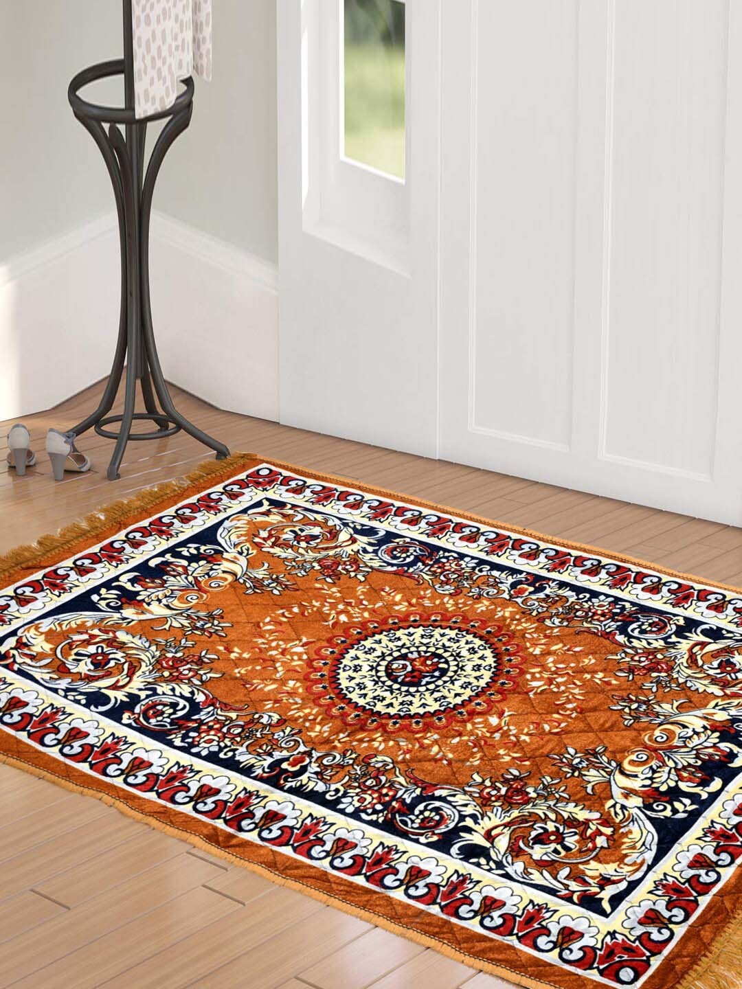 

Kuber Industries Orange & Black Printed Super Soft Velvet Traditional Anti-Skid Carpet