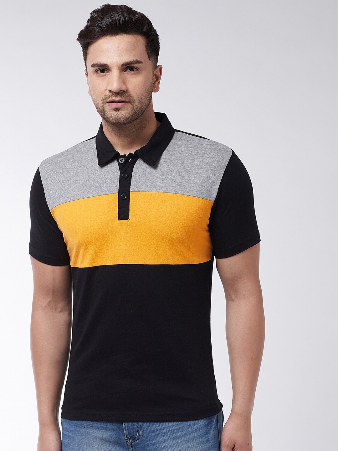 

GRITSTONES Men Black & Yellow Colourblocked Polo Collar T-shirt