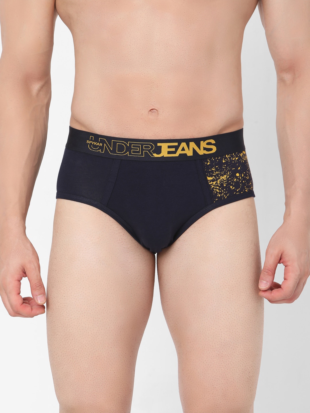 

UnderJeans by Spykar Men Navy Blue & Yellow Solid Basic Briefs UJMBRPBS019Navy