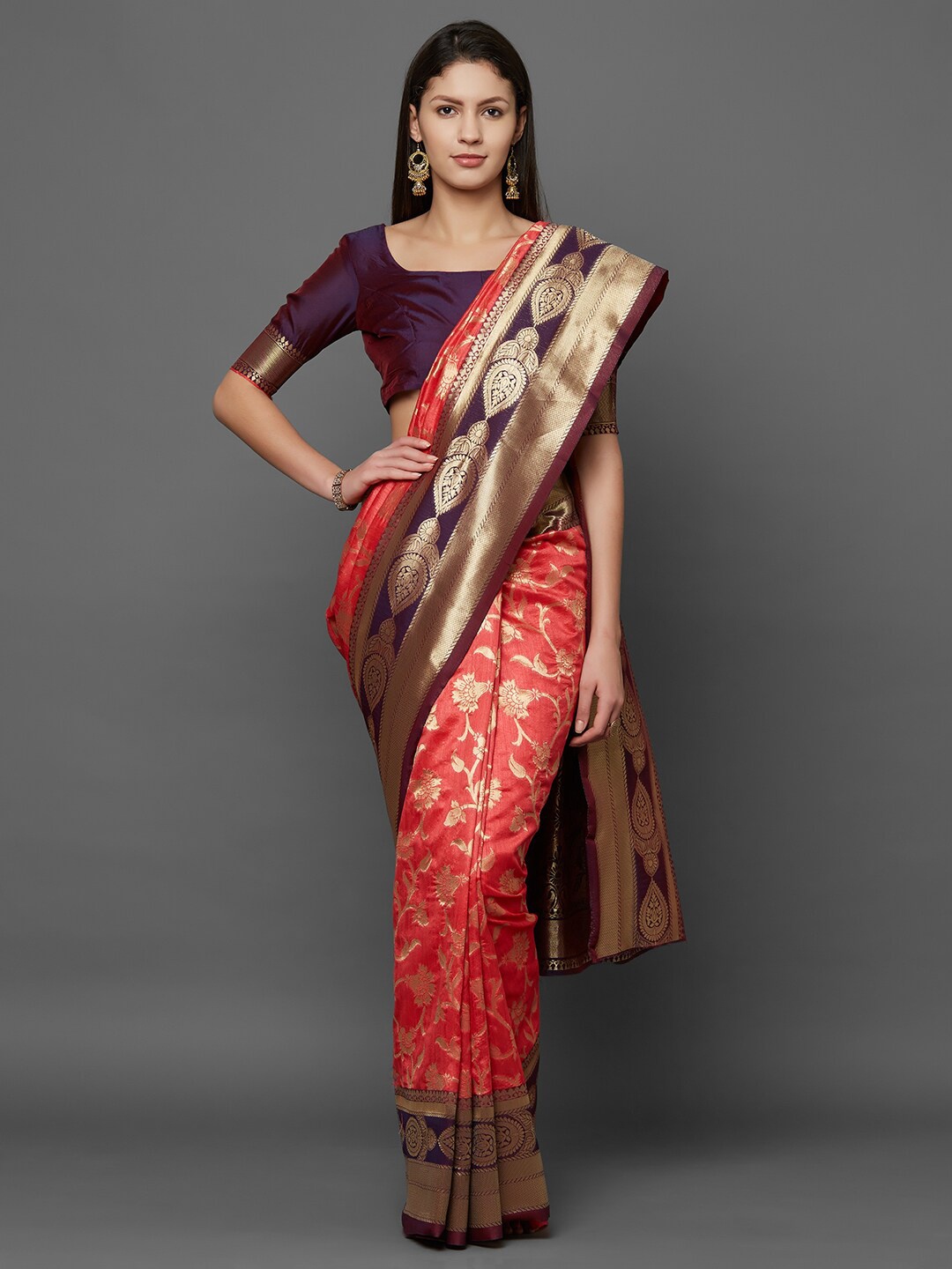 

Mitera Peach & Burgundy Woven Design Zari Silk Blend Banarasi Saree