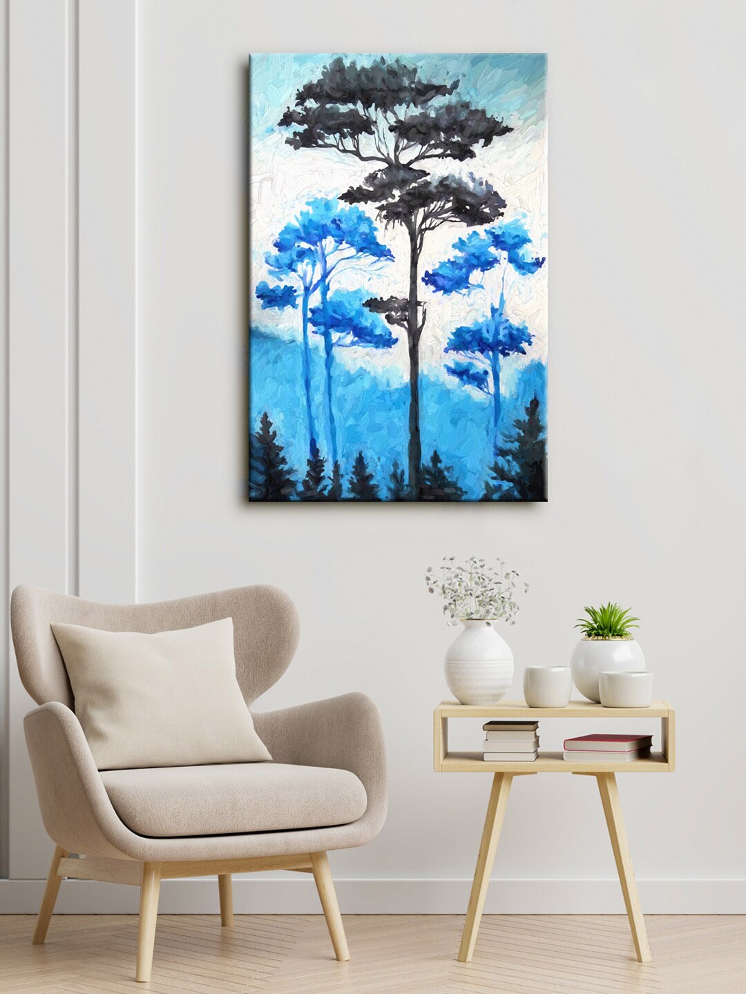 999Store Blue & Grey Abstract Trees Canvas Framed Wall Art