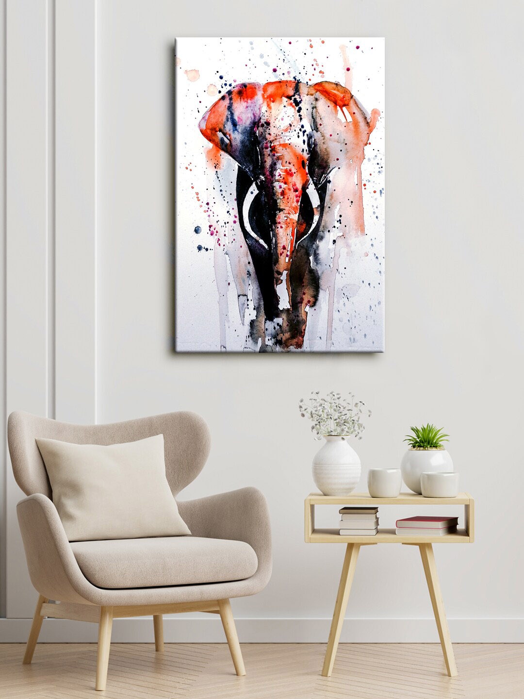 

999Store White & Red Elephant Painting Canvas Framed Wall Art