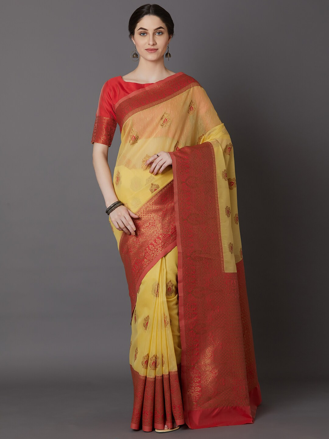 

Mitera Yellow & Red Woven Design Silk Blend Saree