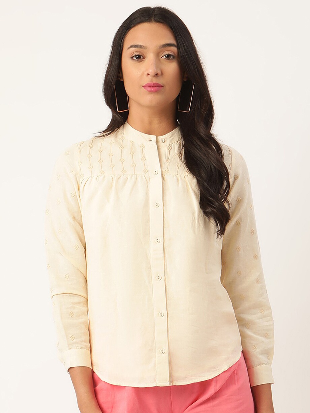 

ROOTED Off White Mandarin Collar Linen Shirt Style Top