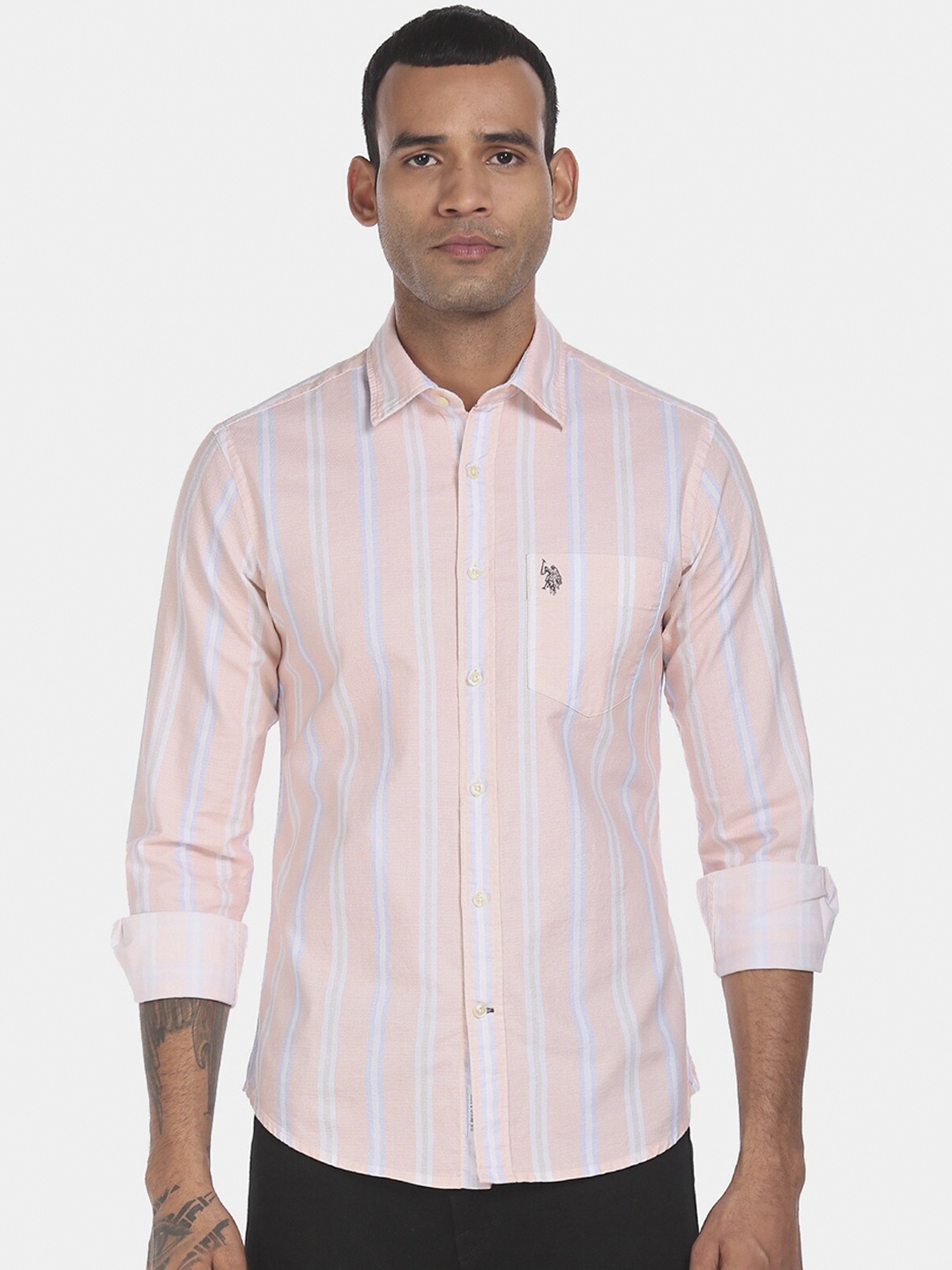 

U S Polo Assn Men Orange Striped Casual Shirt