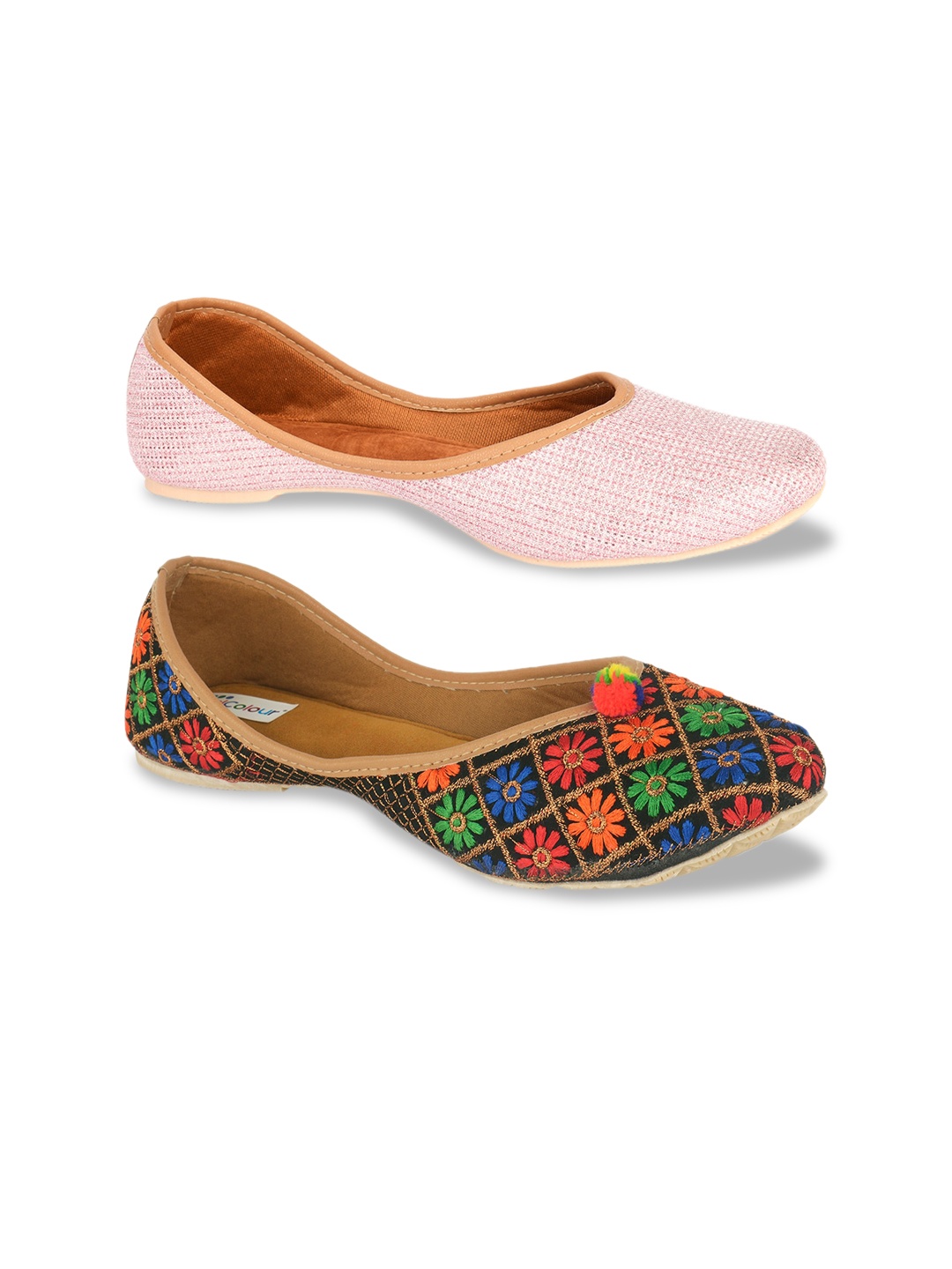 DESI COLOUR Women Set of 2 Multicoloured Ethnic Mojaris with Embroidered Flats, Multi
