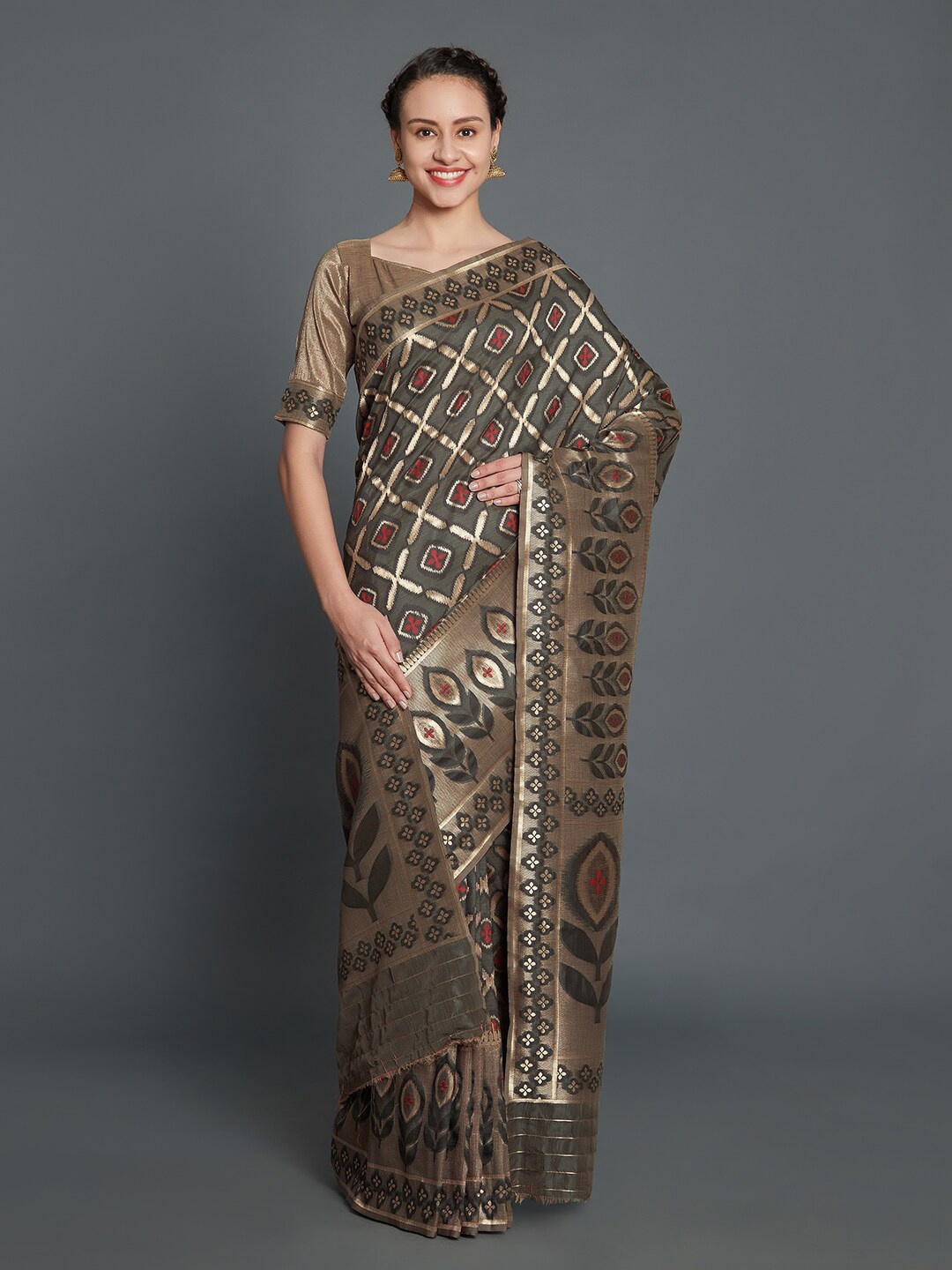 Mitera Grey & Gold-Toned Woven Design Zari Silk Blend Banarasi Saree