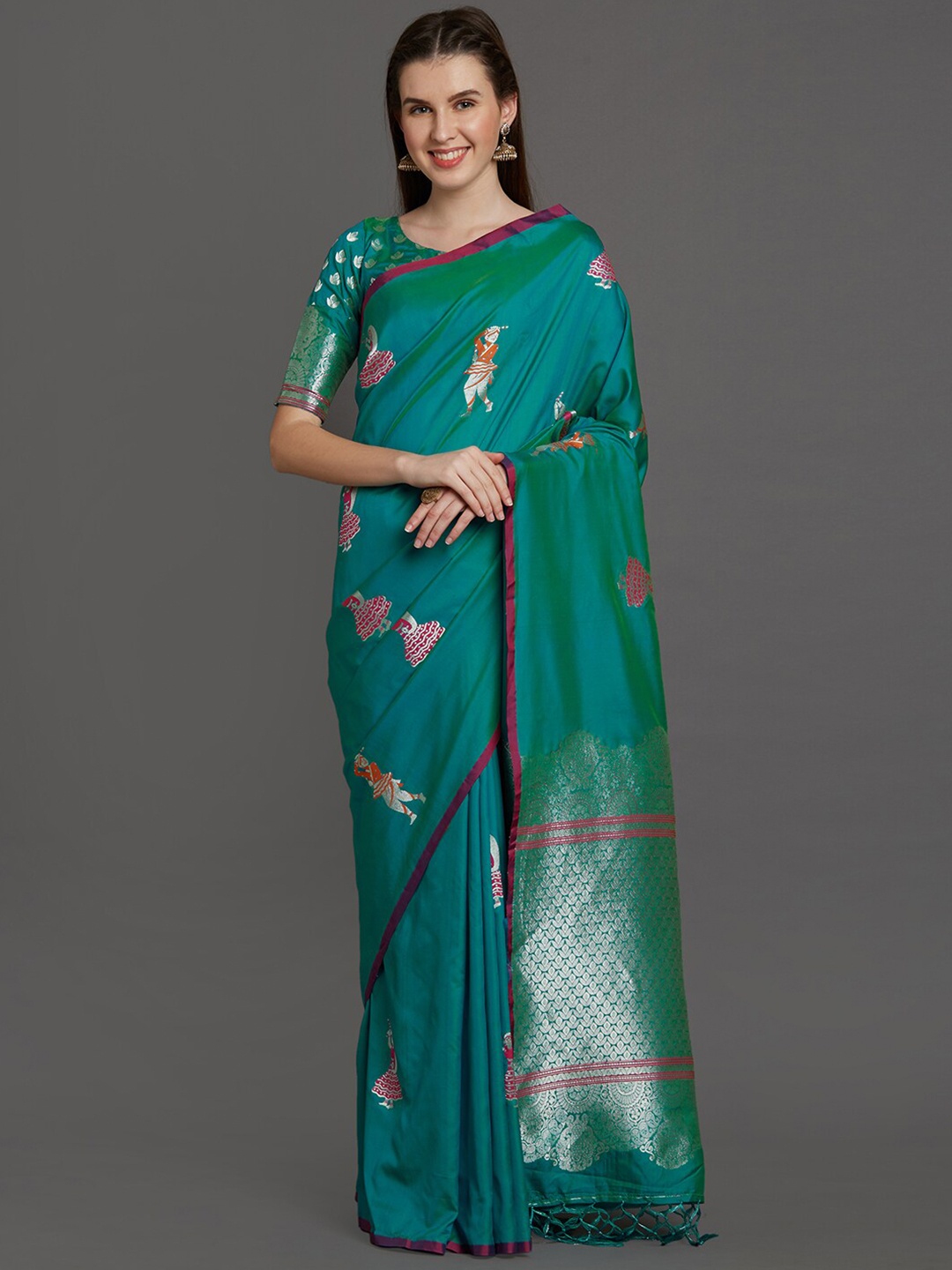

Mitera Sea Green & Pink Ethnic Motifs Silk Blend Saree