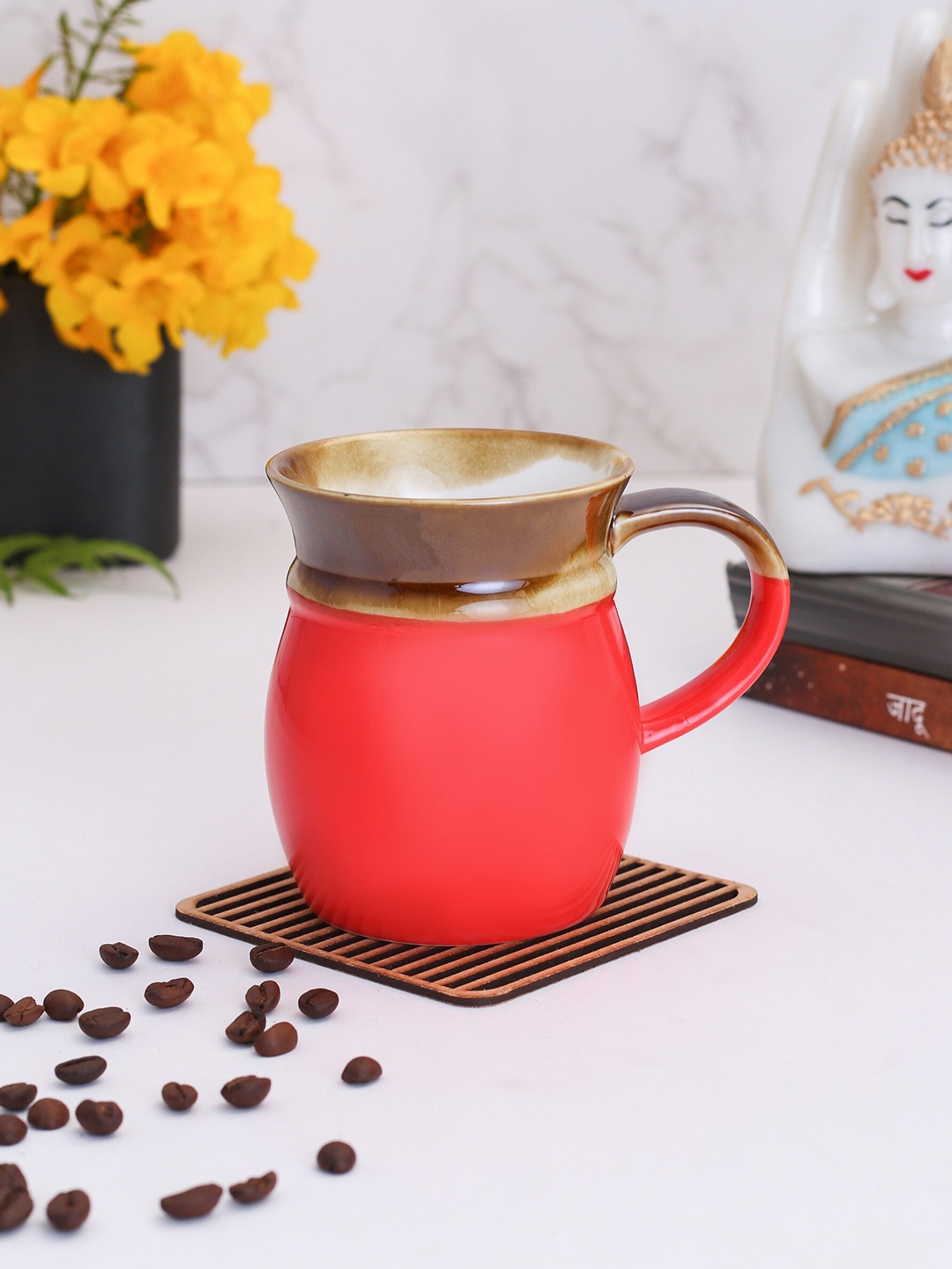 

CLAY CRAFT Coral Red & Gold-Toned Solid Ceramic Glossy Mugs