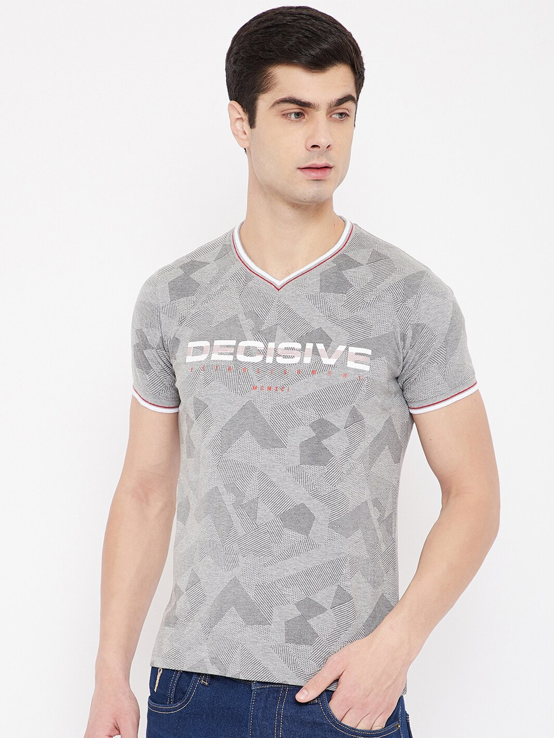 

Duke Men Grey Printed V-Neck T-shirt