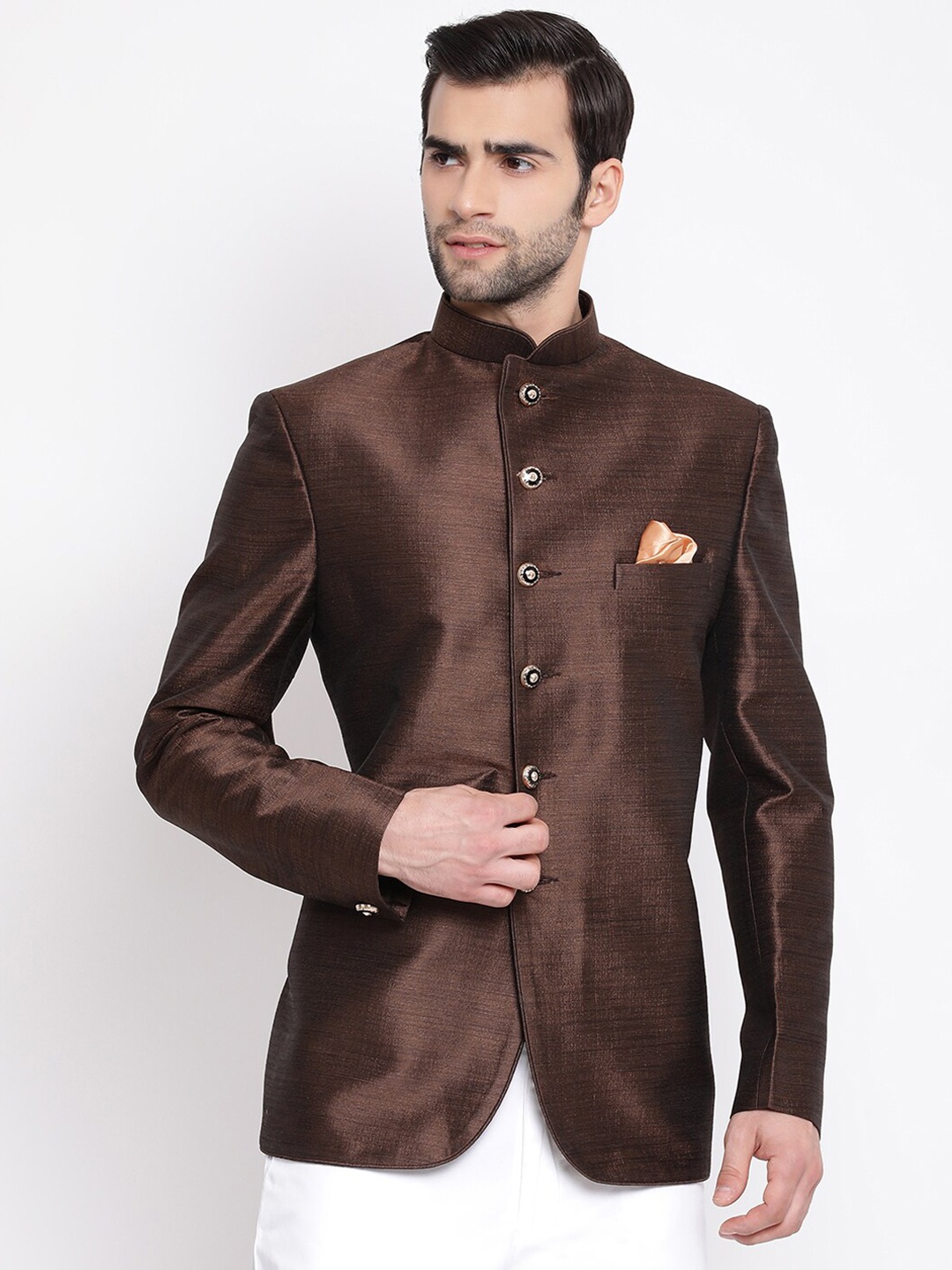 VASTRAMAY Men Coffee Brown Solid Slim-Fit Silk Bandhgala Blazer