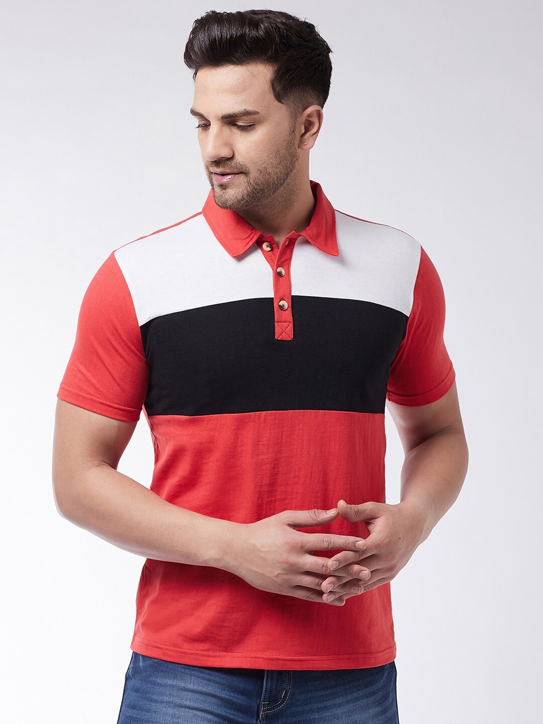 

GRITSTONES Men Red Colourblocked Polo Collar T-shirt