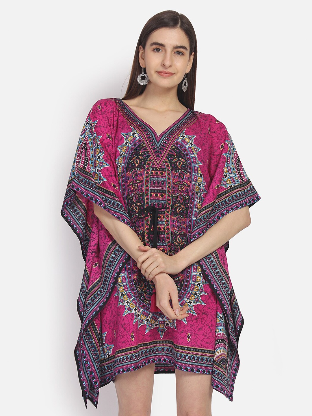 

Yaadleen Magenta & Black Ethnic Motifs Kaftan Dress