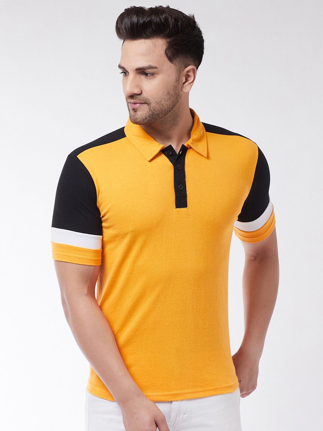 

GRITSTONES Men Yellow & Black Colourblocked Polo Collar T-shirt