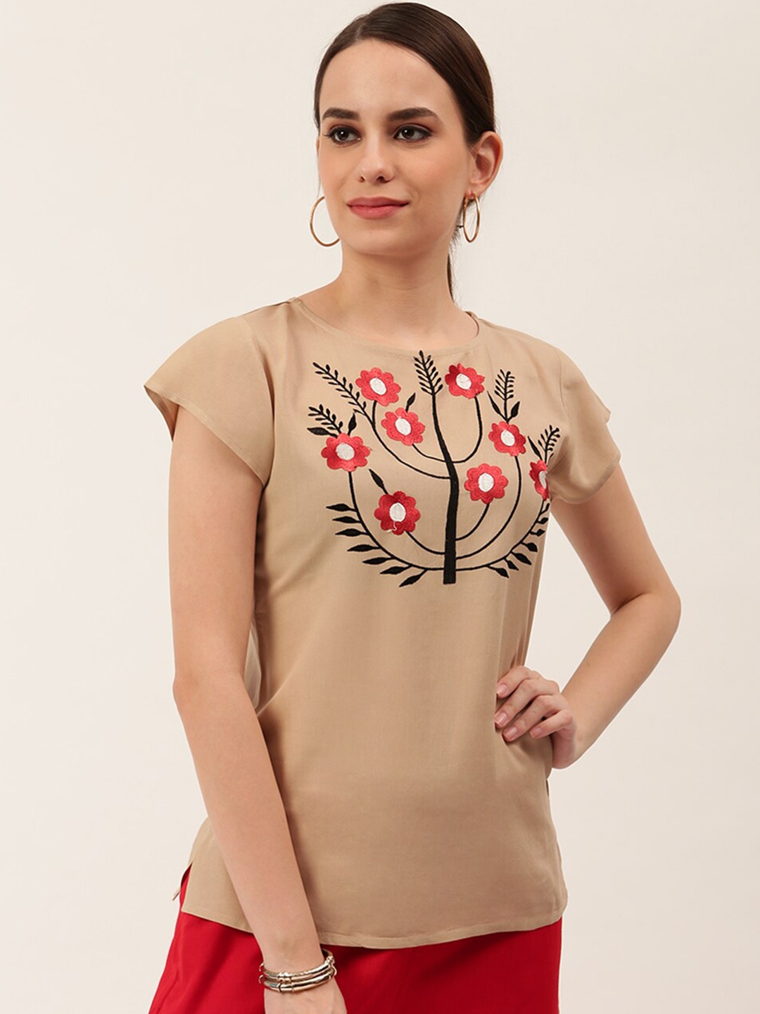 

Rustorange Women Cream & Red Floral Embroidered Regular Top