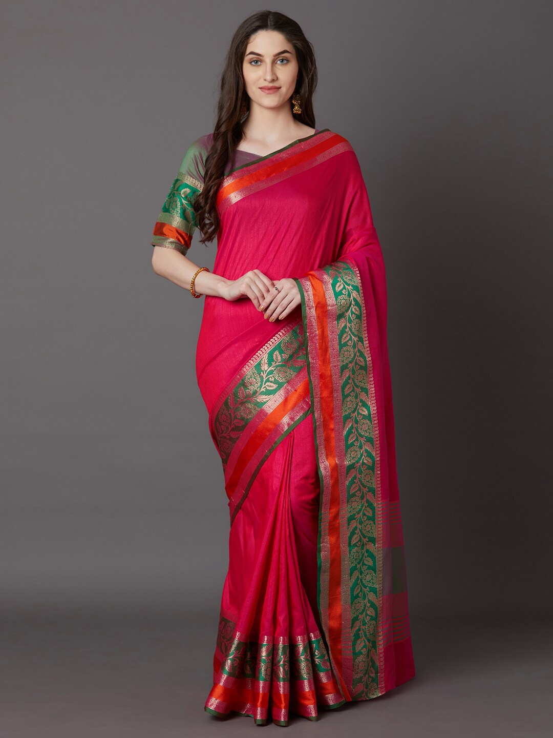 

Mitera Pink & Green Silk Blend Banarasi Saree