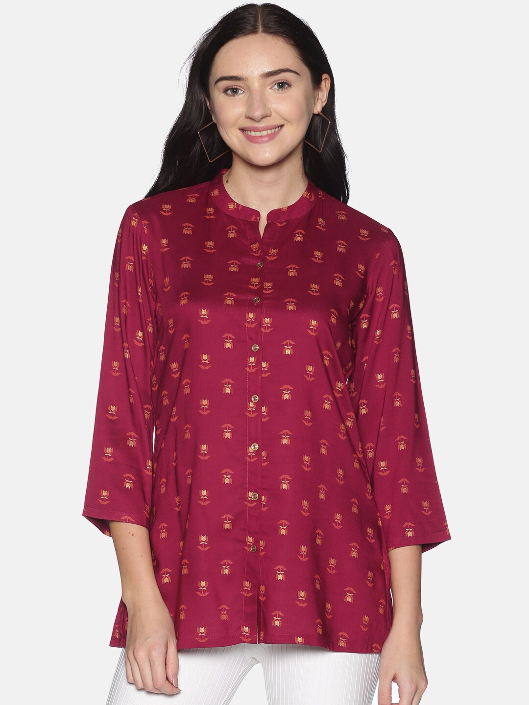 

Saffron Threads Maroon & Gold-Toned Viscose Rayon Mandarin Collar Printed Tunic
