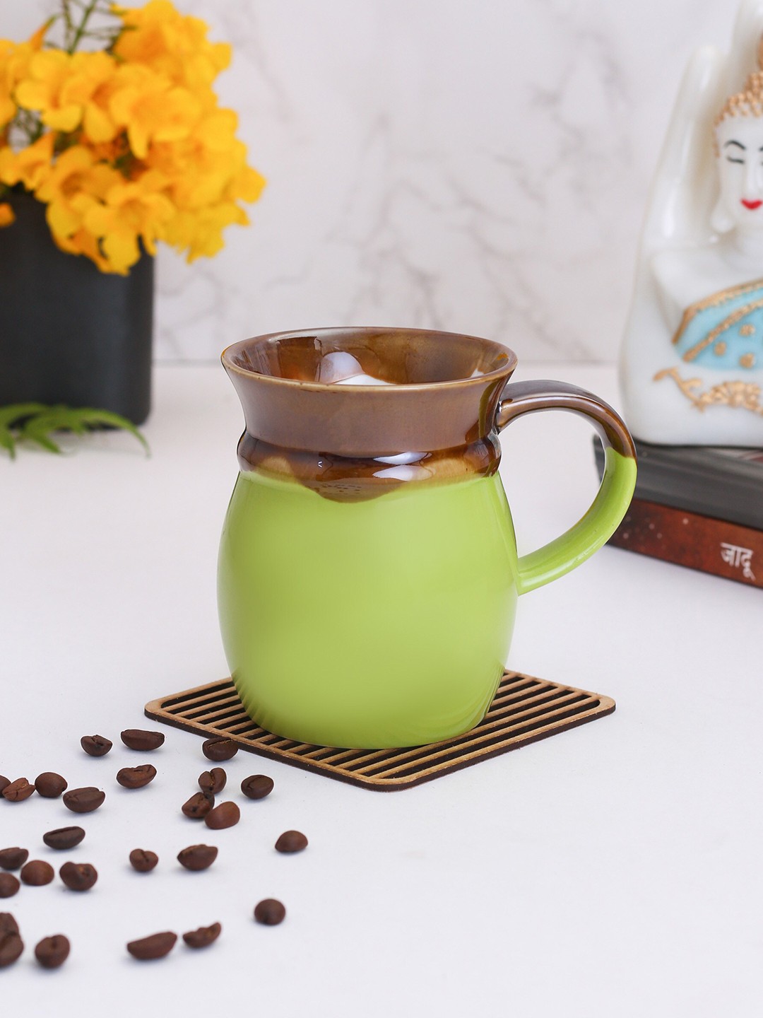 

CLAY CRAFT Green & Brown Geometric Solid Ceramic Glossy Mugs Set of Cups and Mugs