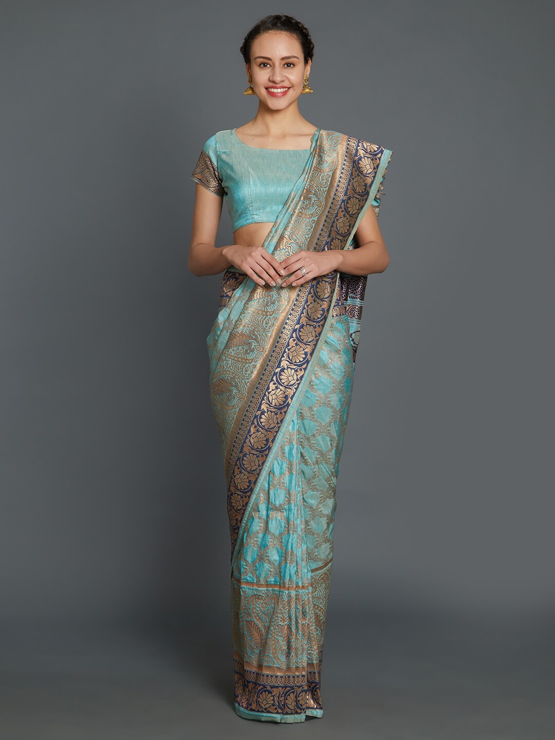

Mitera Blue & Gold-Toned Woven Design Zari Silk Blend Saree