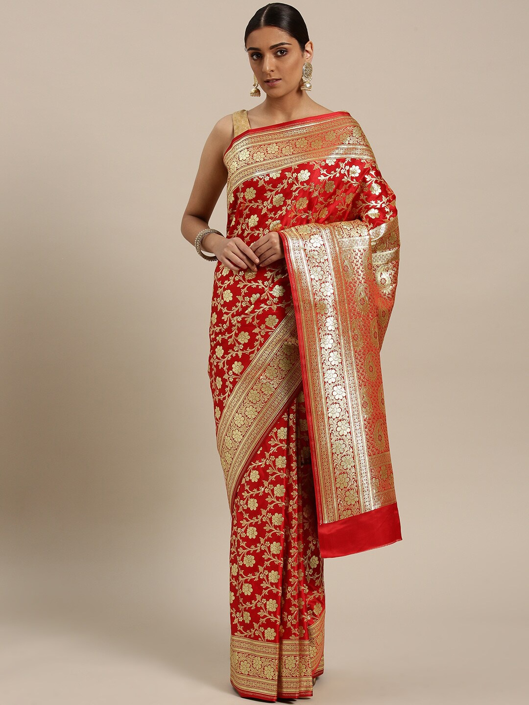 

Chhabra 555 Red & Gold-Toned Ethnic Motifs Zari Silk Blend Kanjeevaram Saree