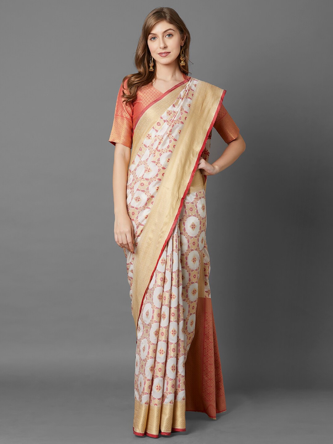 

Mitera Off White & Red Woven Design Zari Silk Blend Kanjeevaram Saree