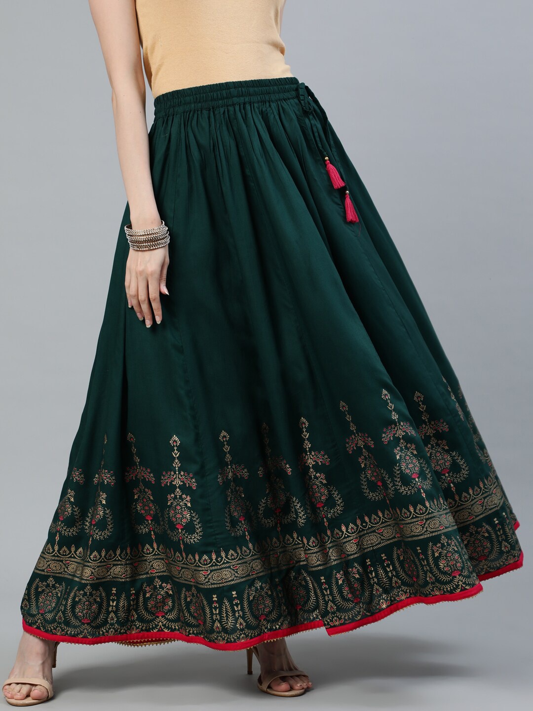 

Jaipur Kurti Women Green & Gold-Coloured Printed Flared Maxi Skirt