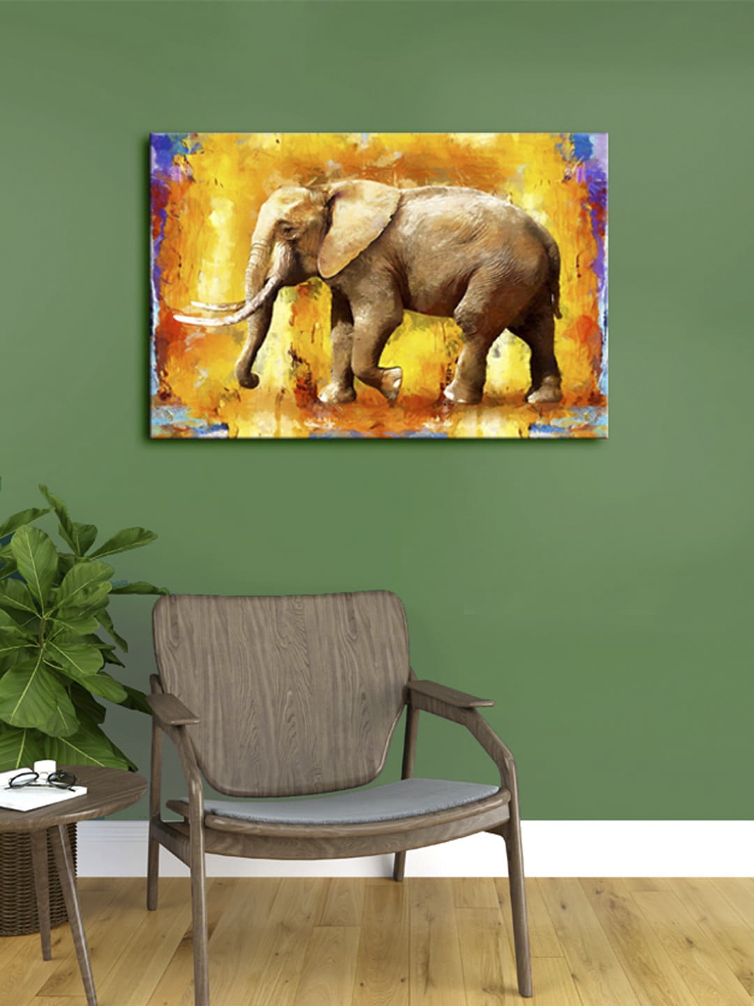 

999Store Yellow & Beige Beautiful Elephant Framed Canvas Painting Wall Art