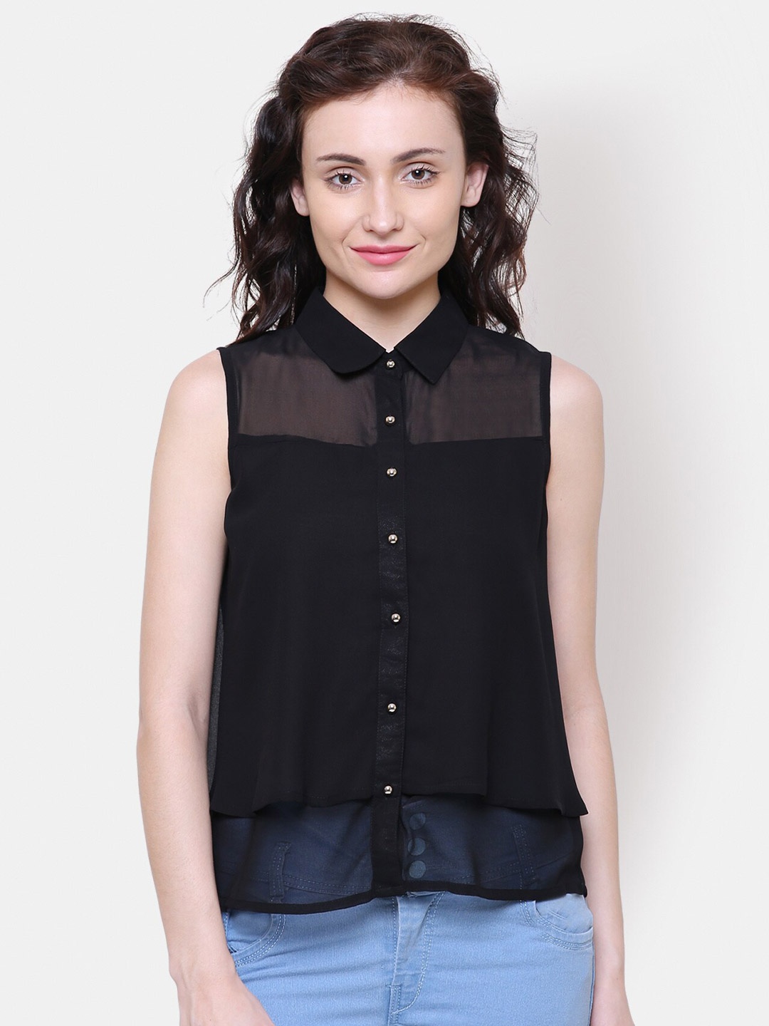 

Yaadleen Black Georgette Shirt Style Top