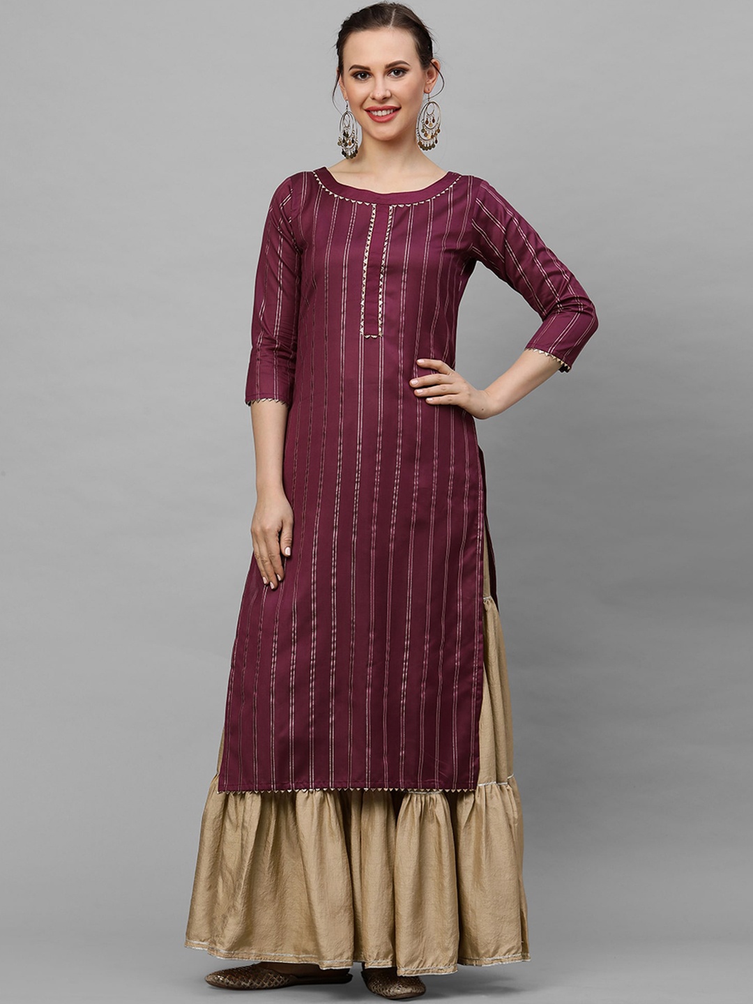 

Indo Era Women Wine Striped Kurta, Purple