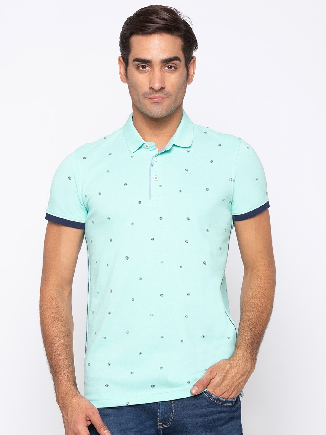 

SPYKAR Men Green Printed Polo Collar Geometric Slim Fit T-shirt