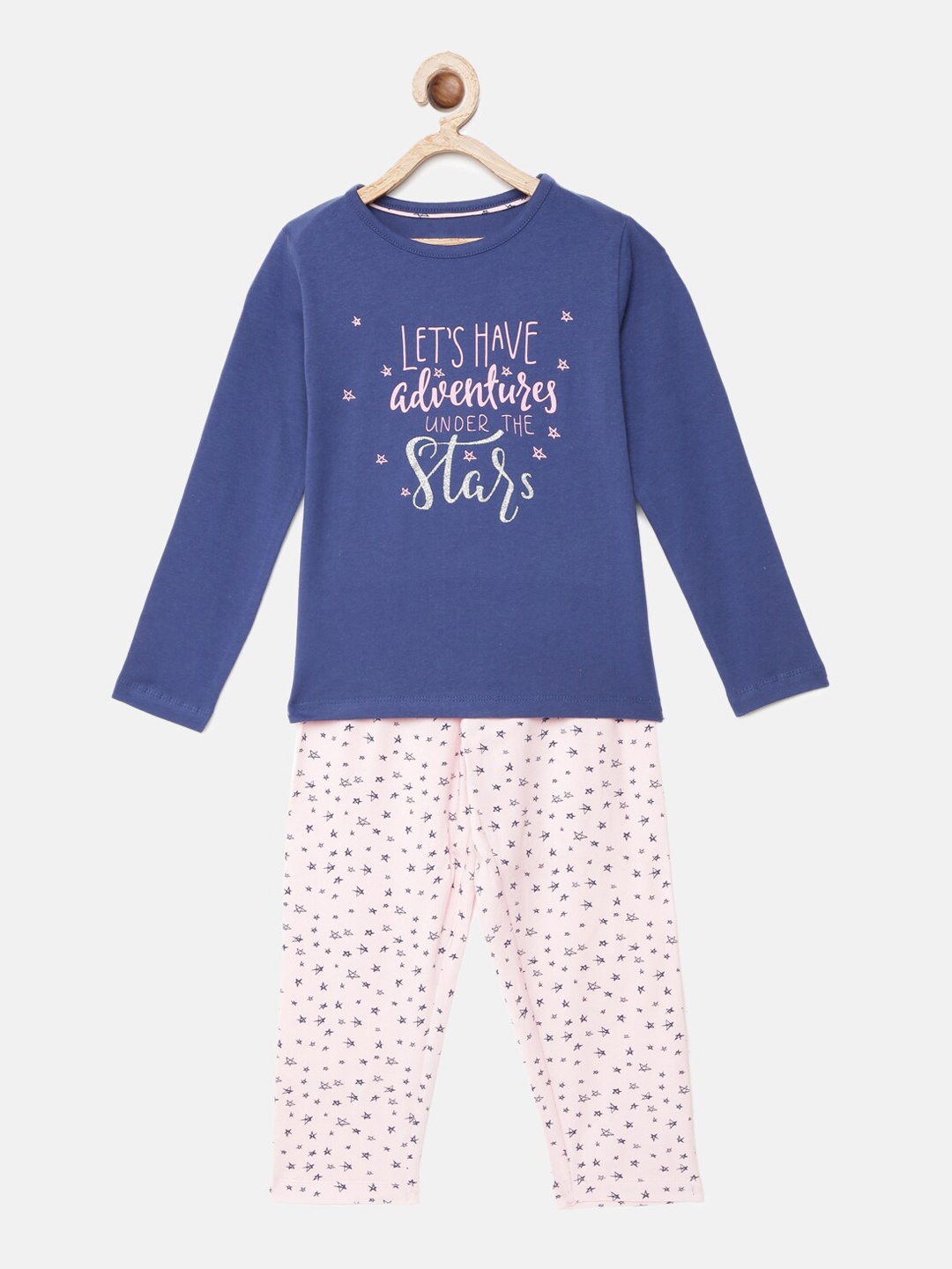 

mackly Girls Navy Blue & Pink Let's Have Adventures Printed Night Suit