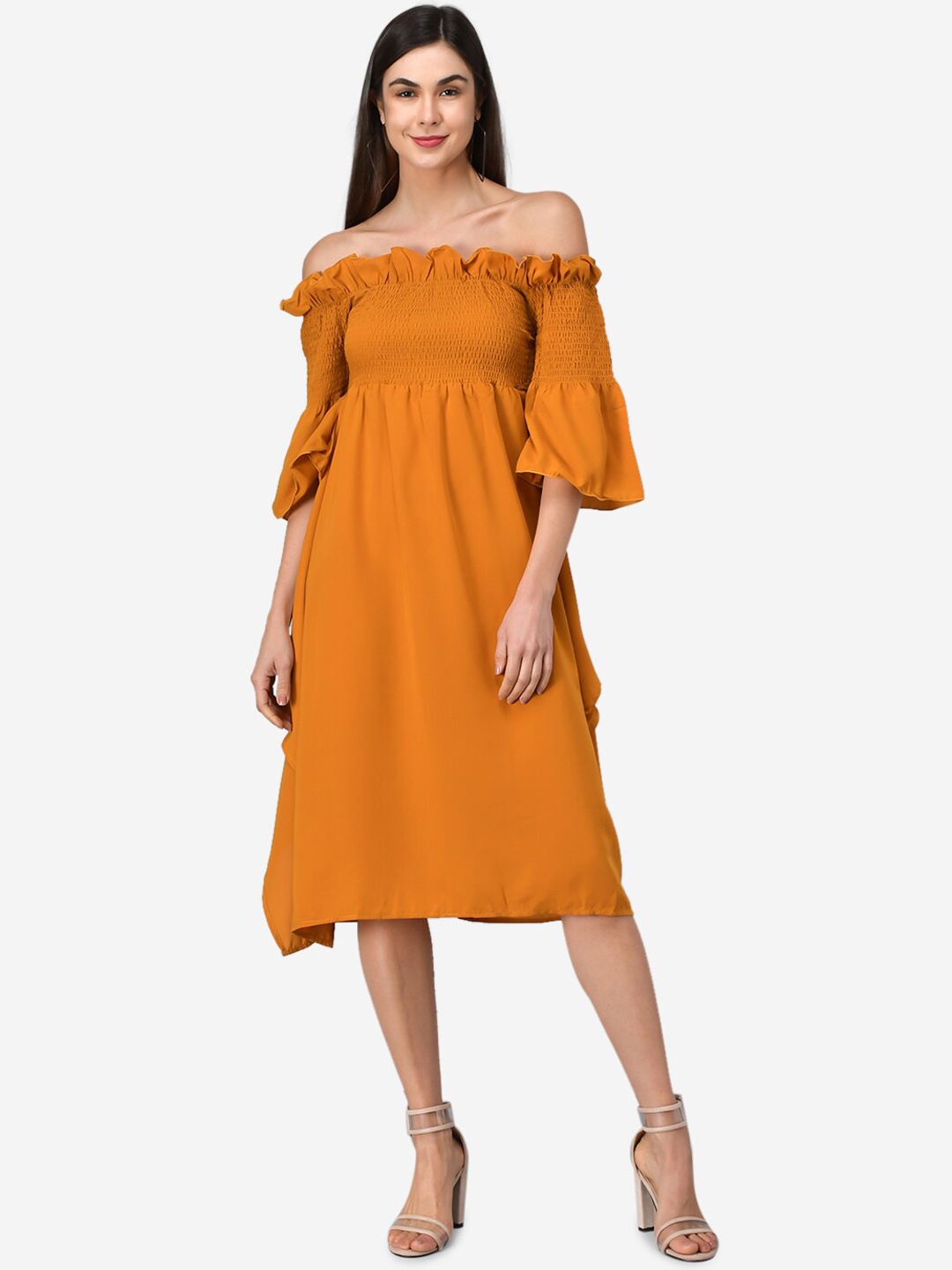 

DARZI Maroon Solid Ruffle Smoked A line Off Shoulder Dress, Yellow