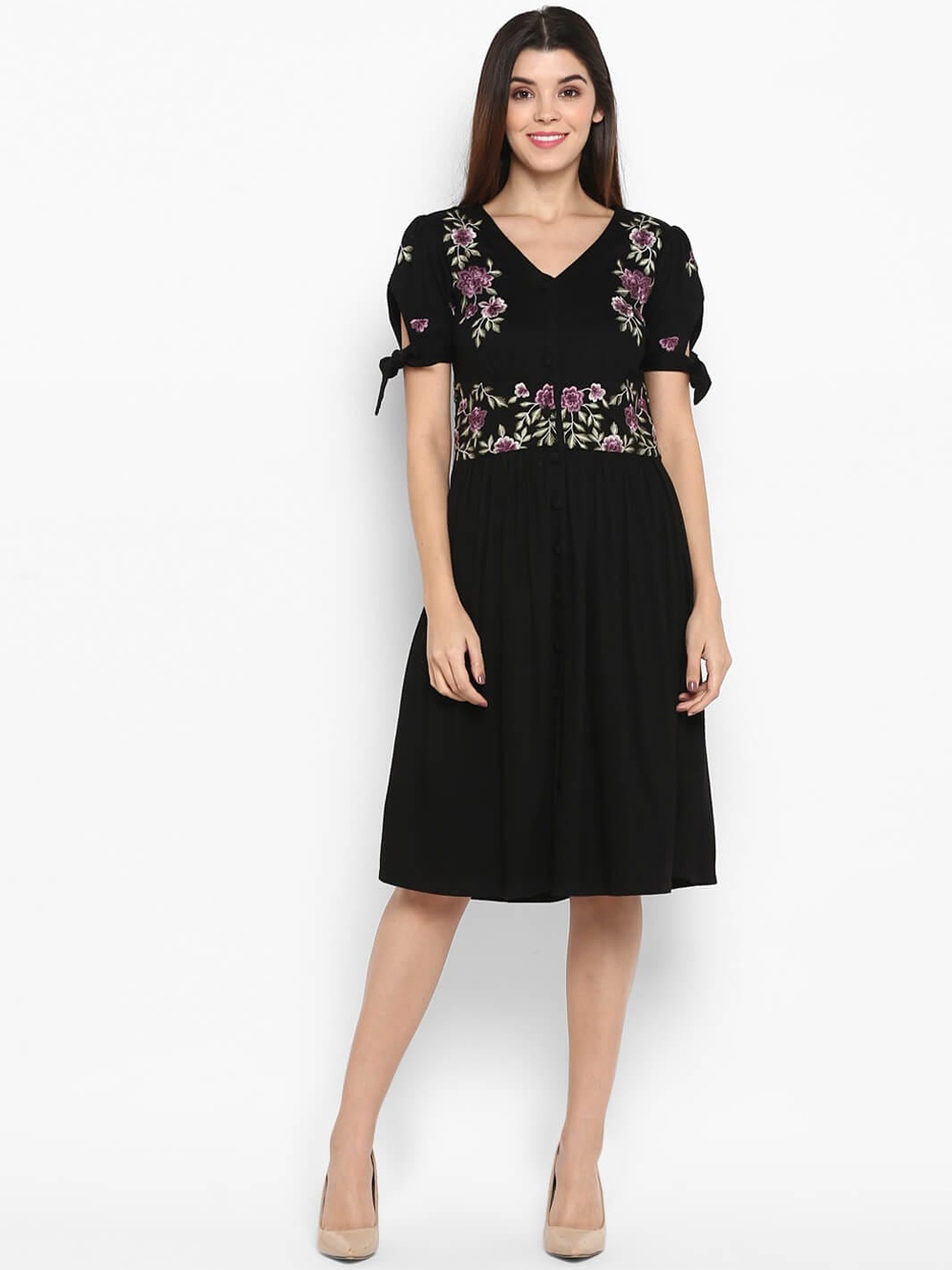 

DEEBACO Women Black Floral Embroidered Fit & Flare Dress