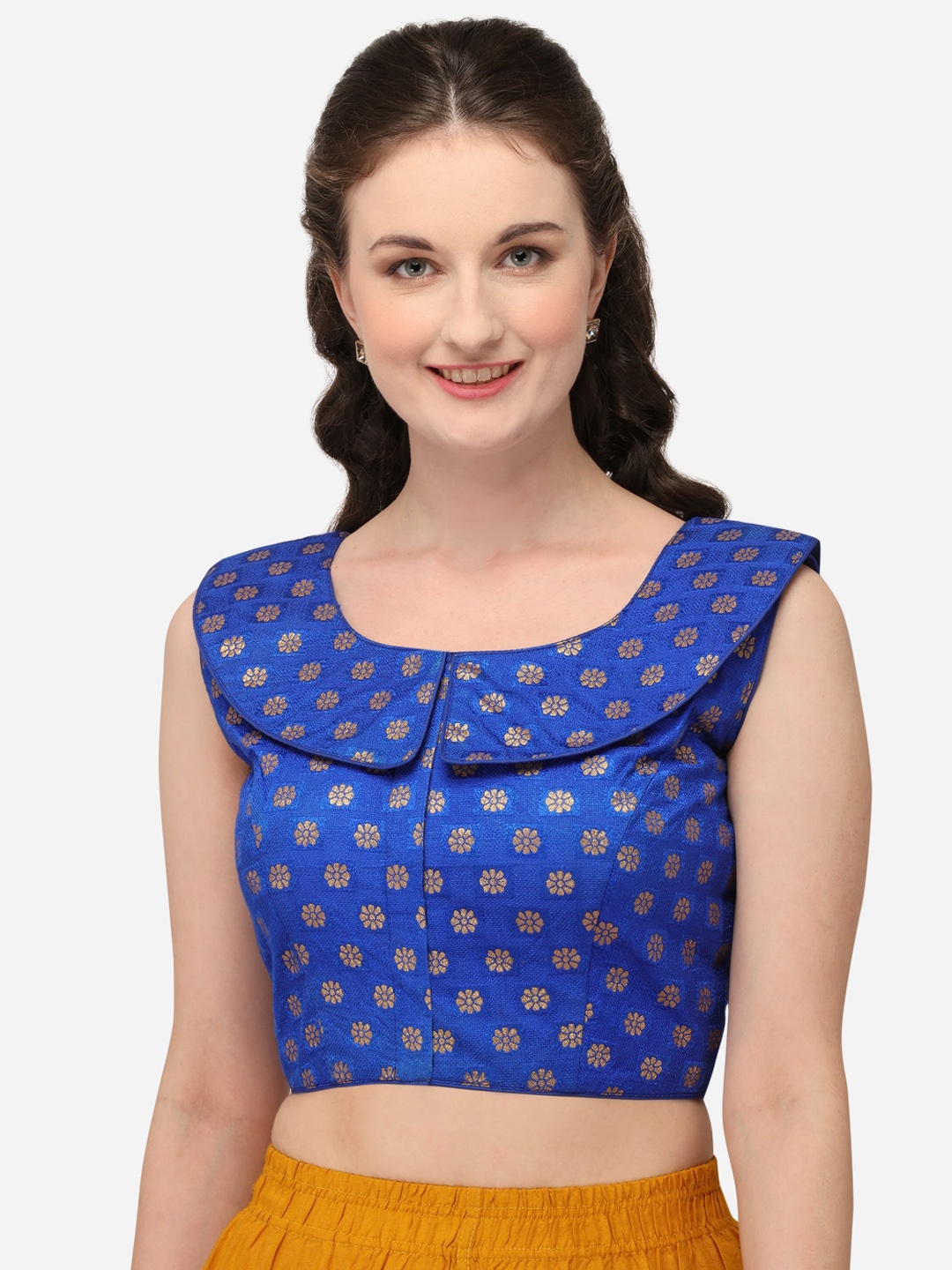 

Fab Dadu Women Blue & Gold-Toned Jacquard Silk Saree Blouse