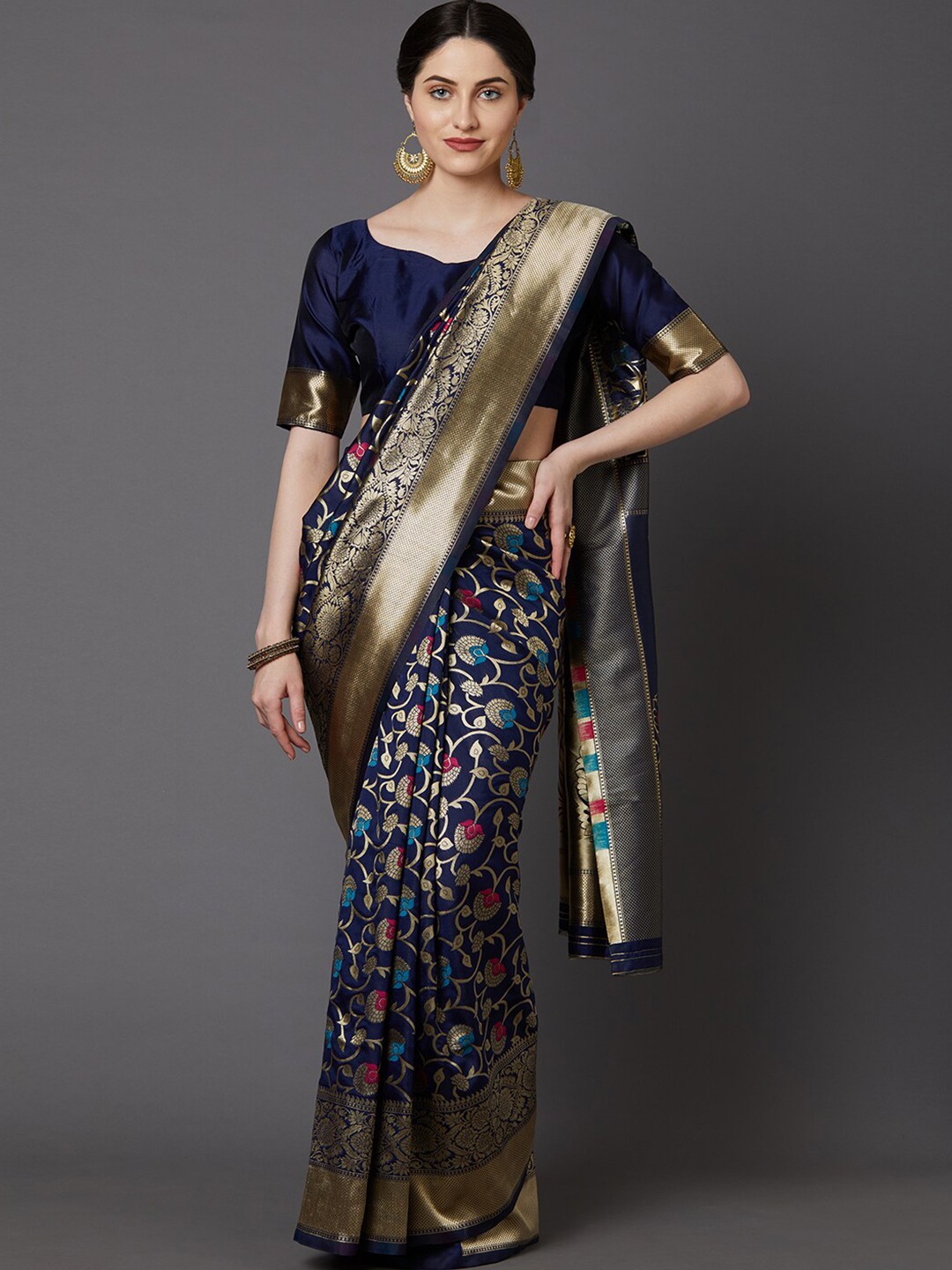 Mitera Navy Blue & Pink Ethnic Motifs Zari Silk Blend Banarasi Traditional Saree