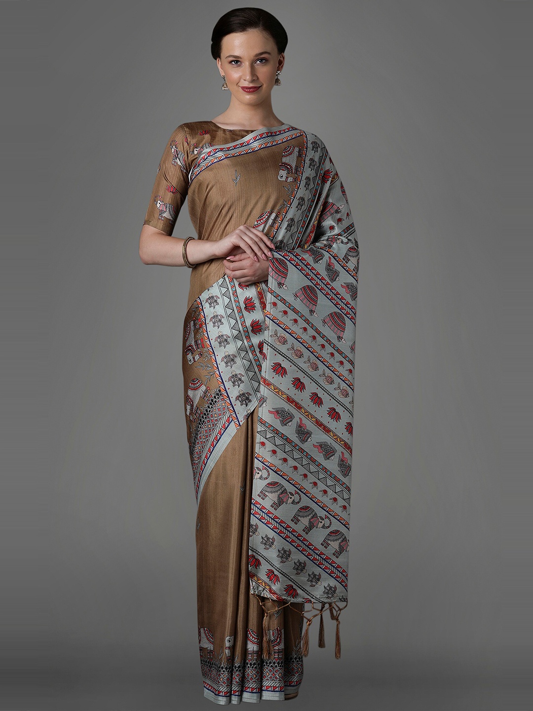 Mitera Brown & Grey Warli Satin Saree