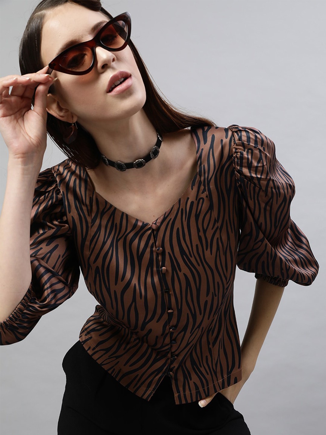 

STREET 9 Women Brown & Black Animal Print Puff Sleeves Top
