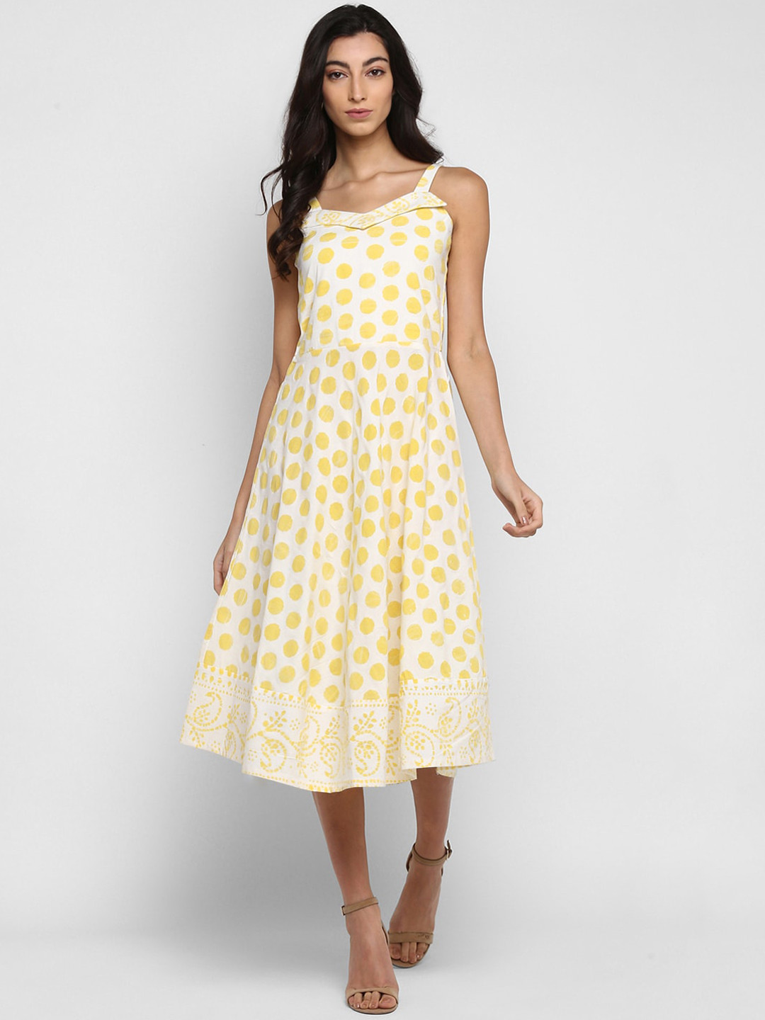 

DEEBACO Yellow Polka Print Fit & Flare Dress