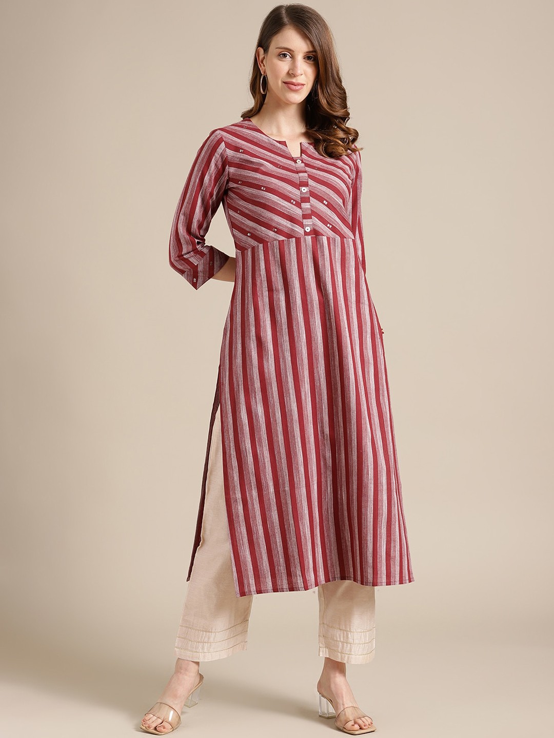 

KSUT Women Maroon Striped Flared Sleeves Thread Work Kurta