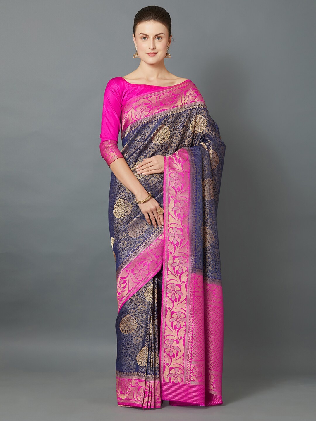 

Mitera Navy Blue & Magenta Woven Design Silk Blend Banarasi Saree