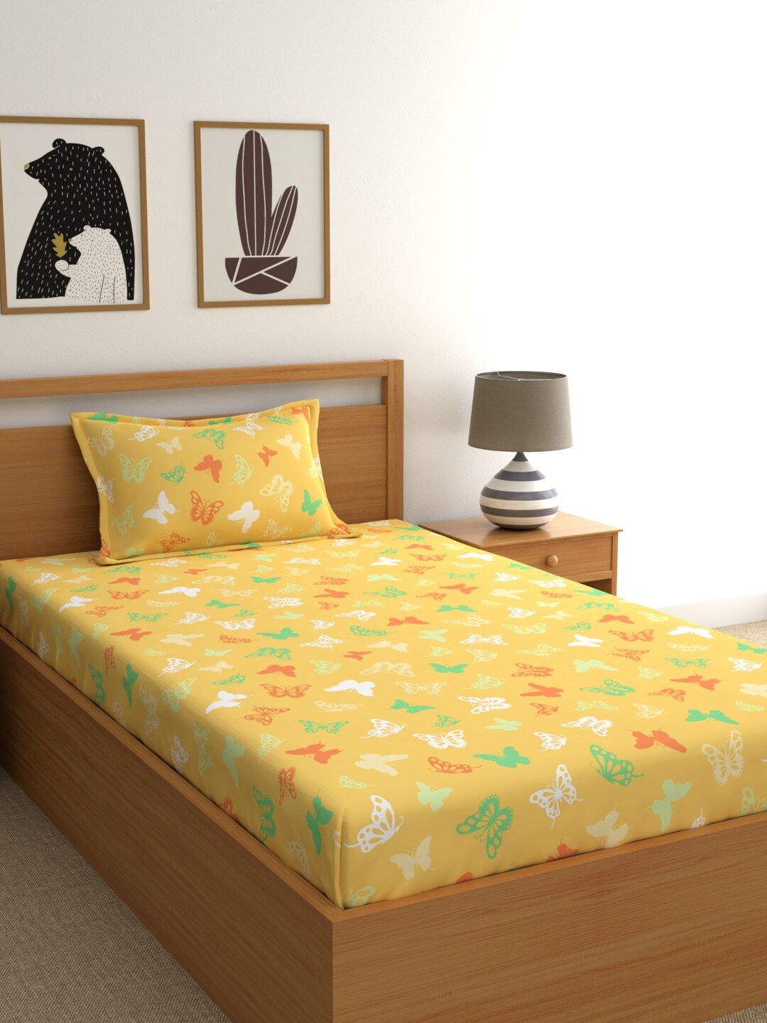 

BLUE DAHLIA Yellow & White Floral 220 TC Single Bedsheet with 1 Pillow Covers