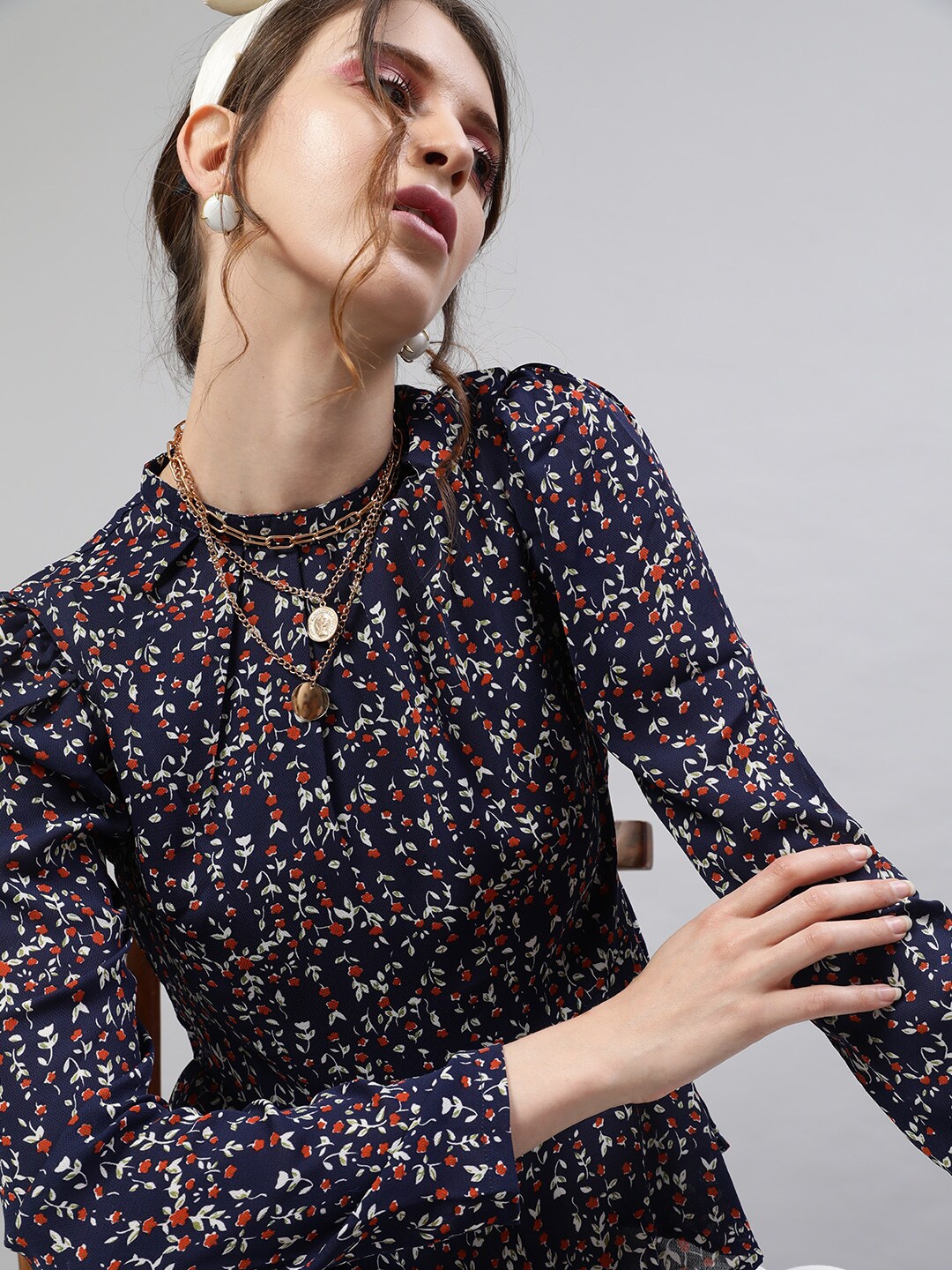 

STREET 9 Navy Blue & White Printed Crepe Blouson Top