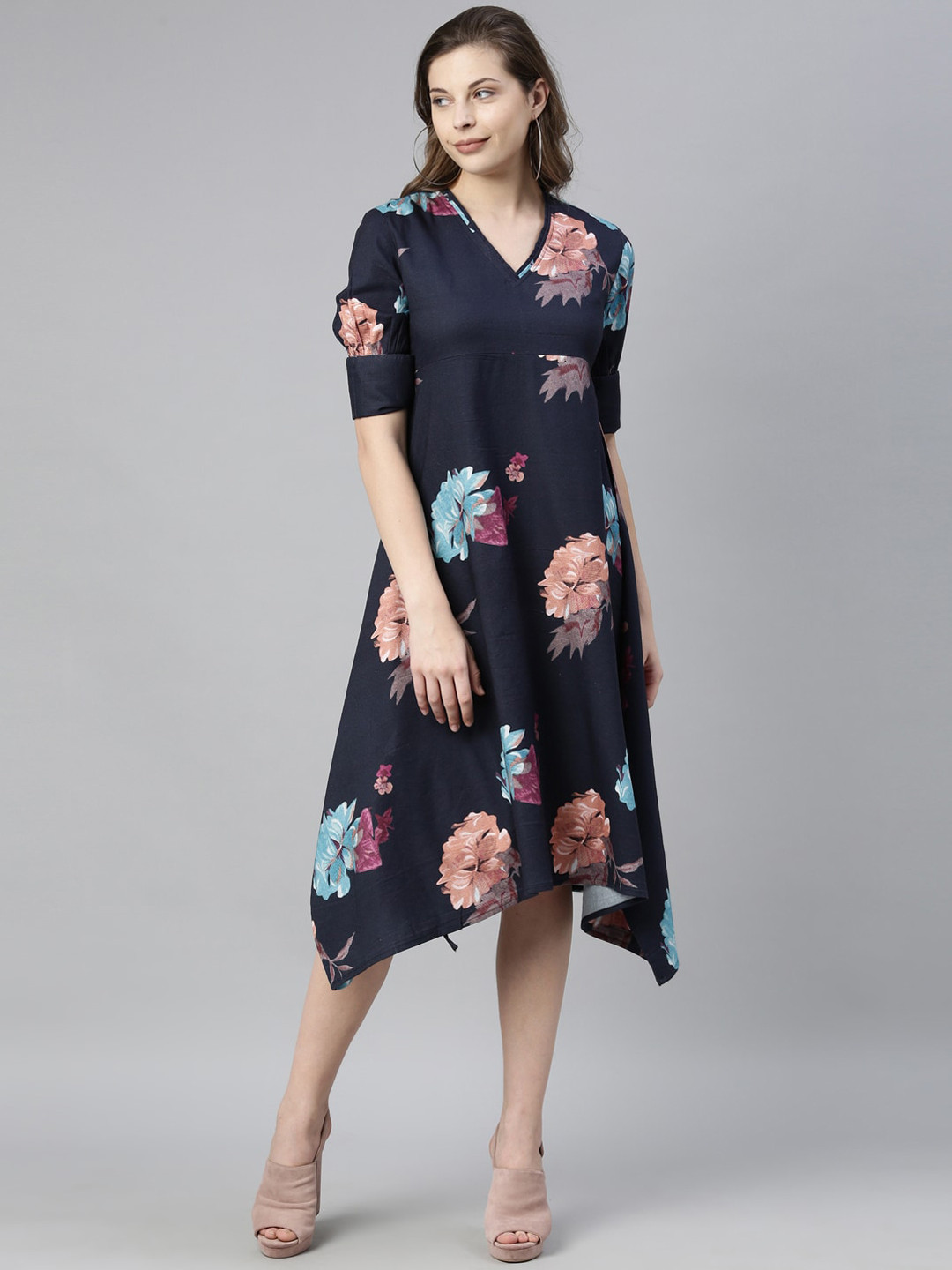 

RAREISM Women Navy Blue Floral Printed Asymmetric Hem A-Line Dress