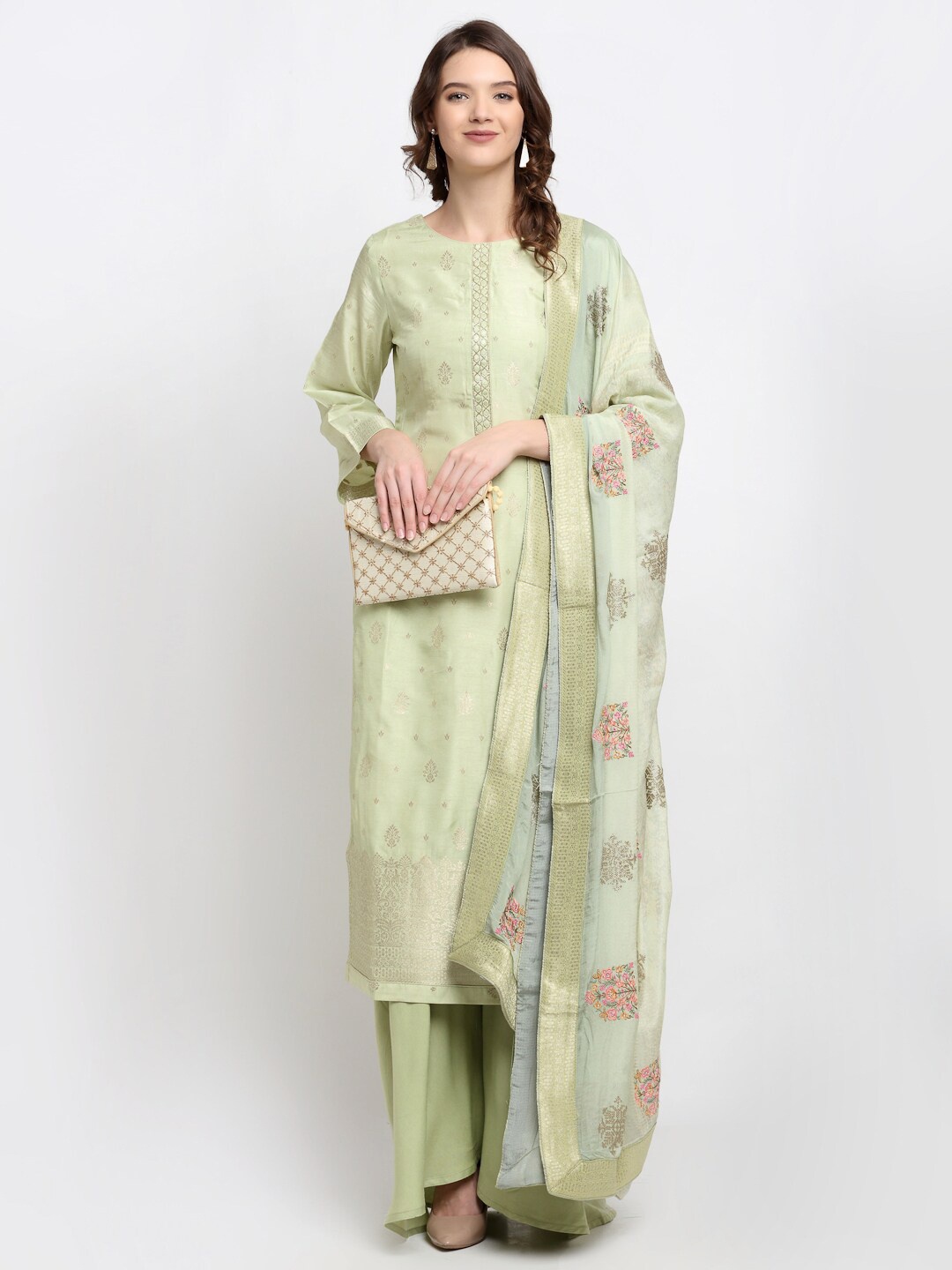 

Stylee LIFESTYLE Sea Green & Gold-Toned Unstitched Dress Material