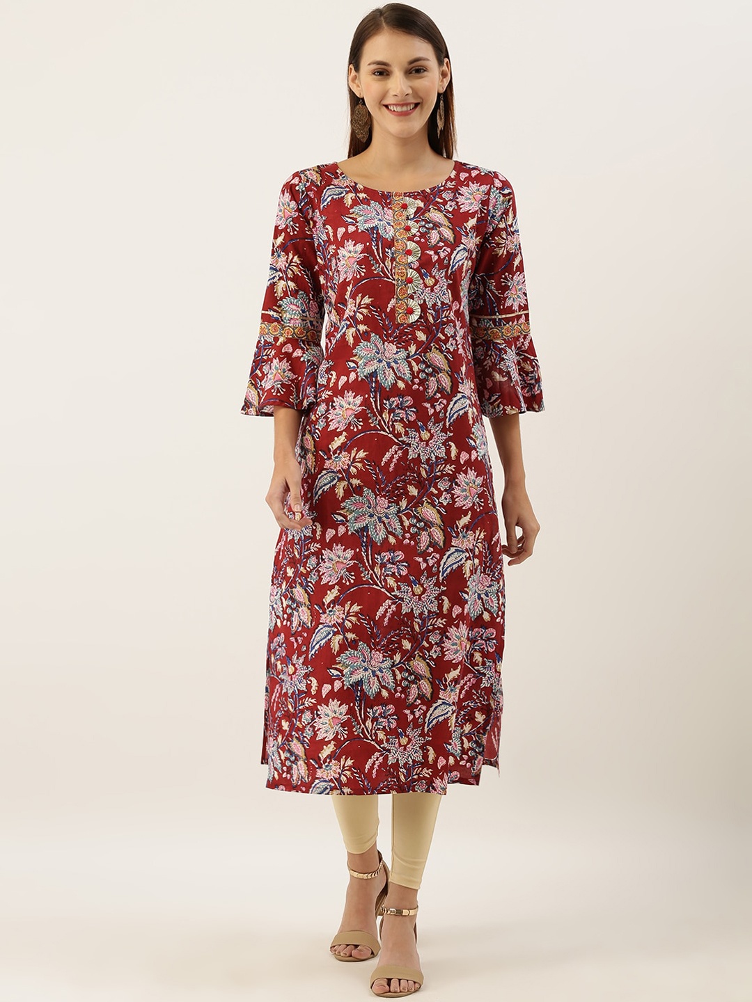 

Varanga Women Maroon Ethnic Motifs Printed Bell Sleeves Cotton Kurta