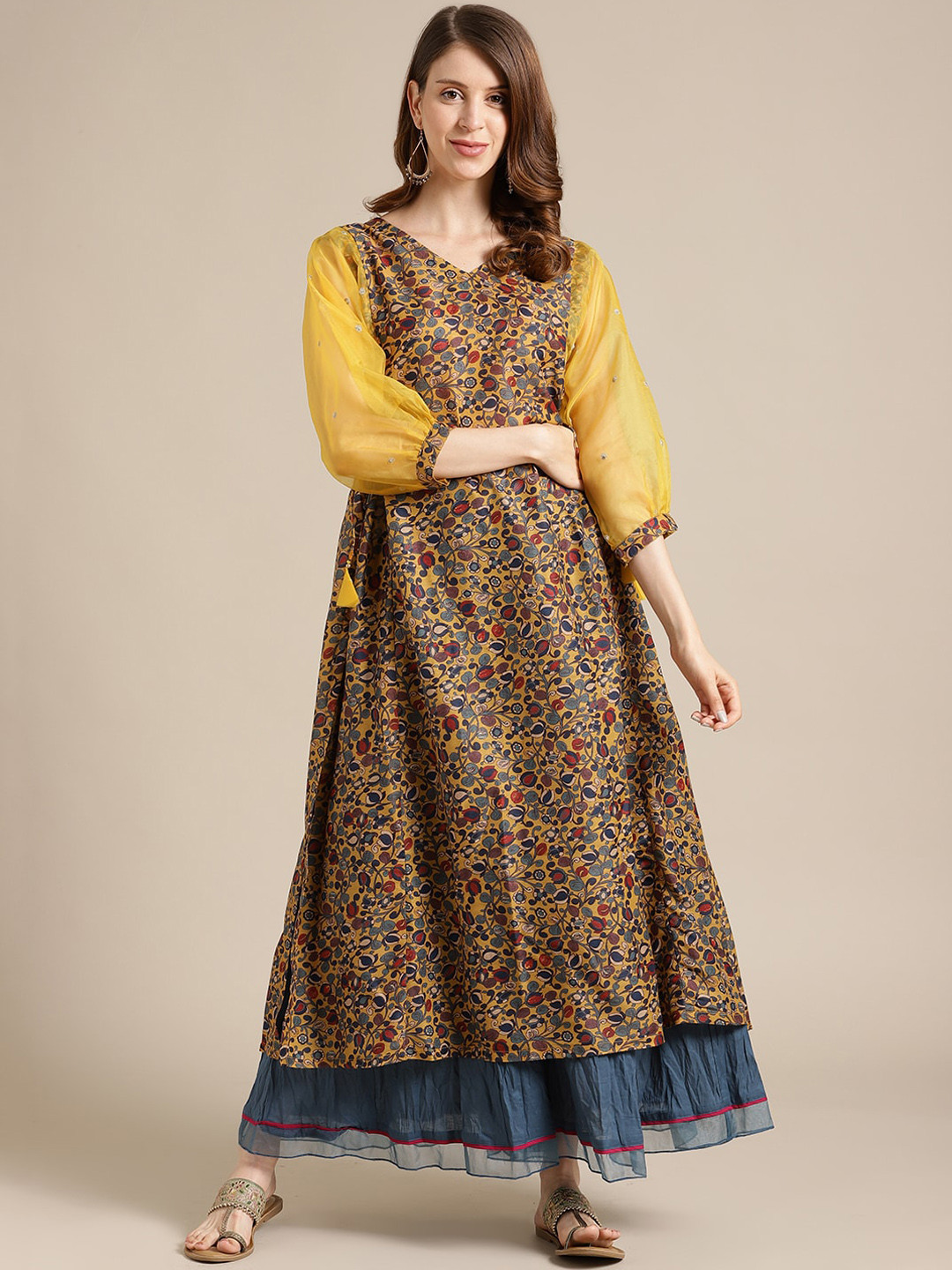 

Varanga Women Yellow & Brown Ethnic Motifs Printed Anarkali Kurta