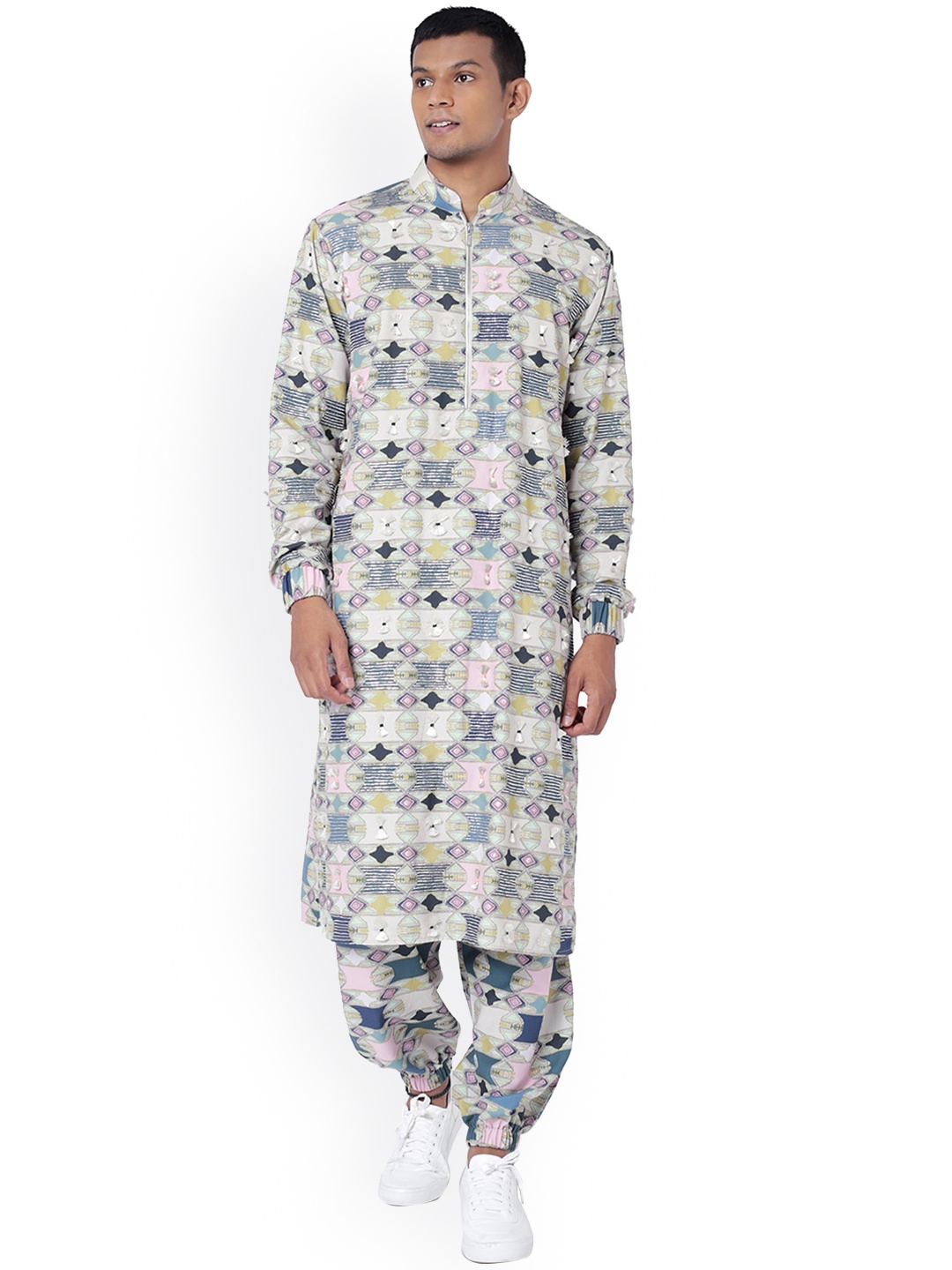 PS MEN BY PAYAL SINGHAL Men Green Printed Angrakha Pure Cotton Kurta with Dhoti Pants