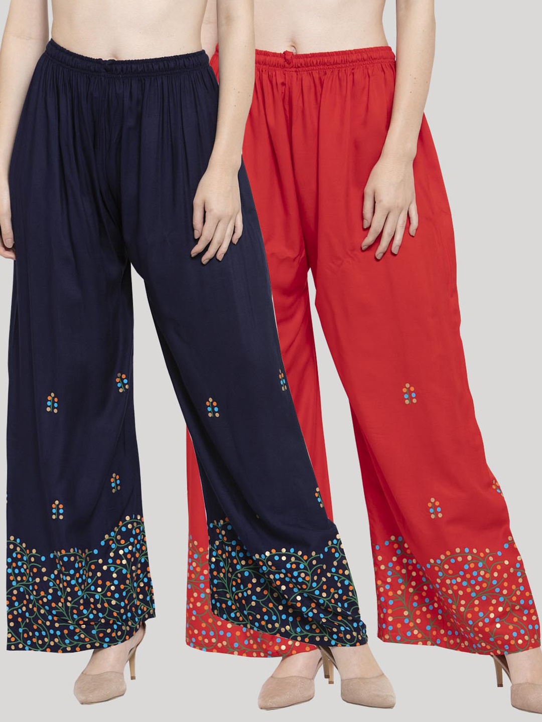 

Clora Creation Women Pack Of 2 Navy Blue & Red Printed Knitted Ethnic Palazzos