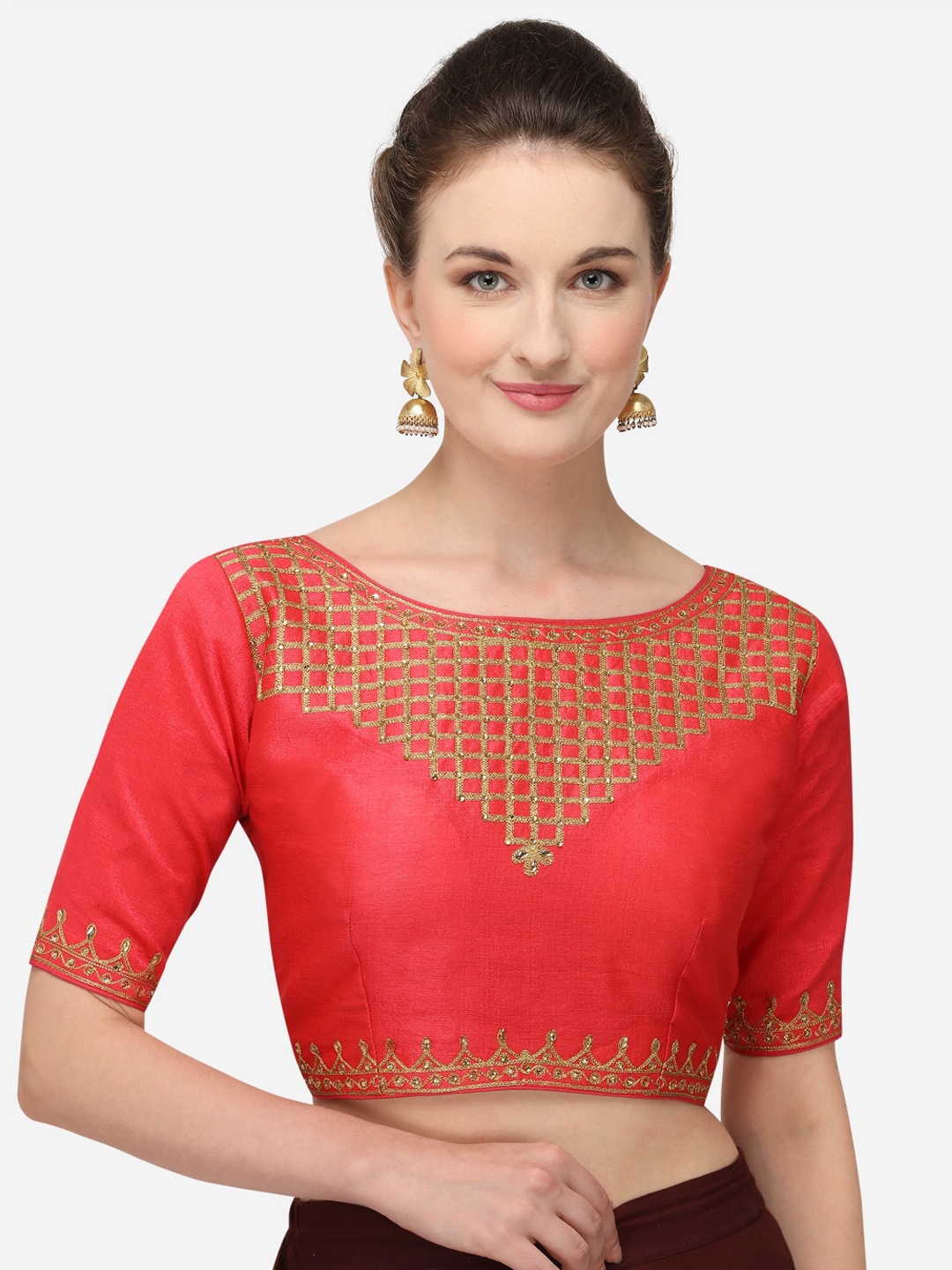 

Fab Dadu Women Red & Gold-Coloured Embellished Silk Saree Blouse