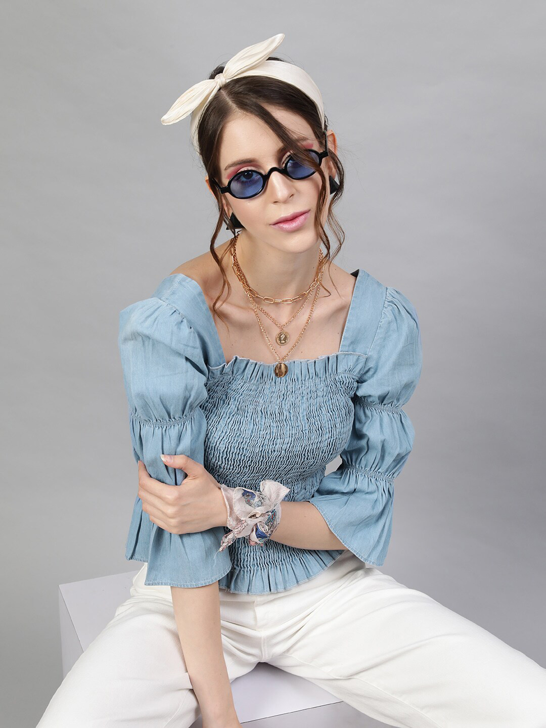 

STREET 9 Blue Denim Smocked Crop Top